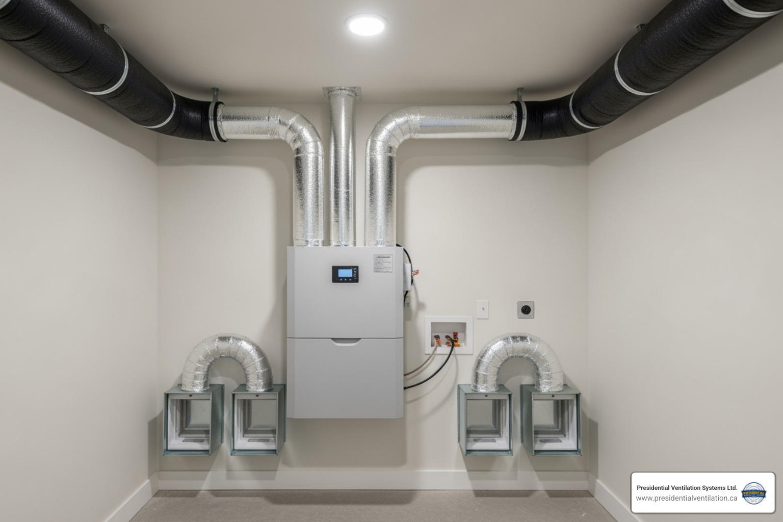A clean, modern HRV/ERV unit installed in a utility room of a home, showing the duct connections - Air exchanger installation Dartmouth
