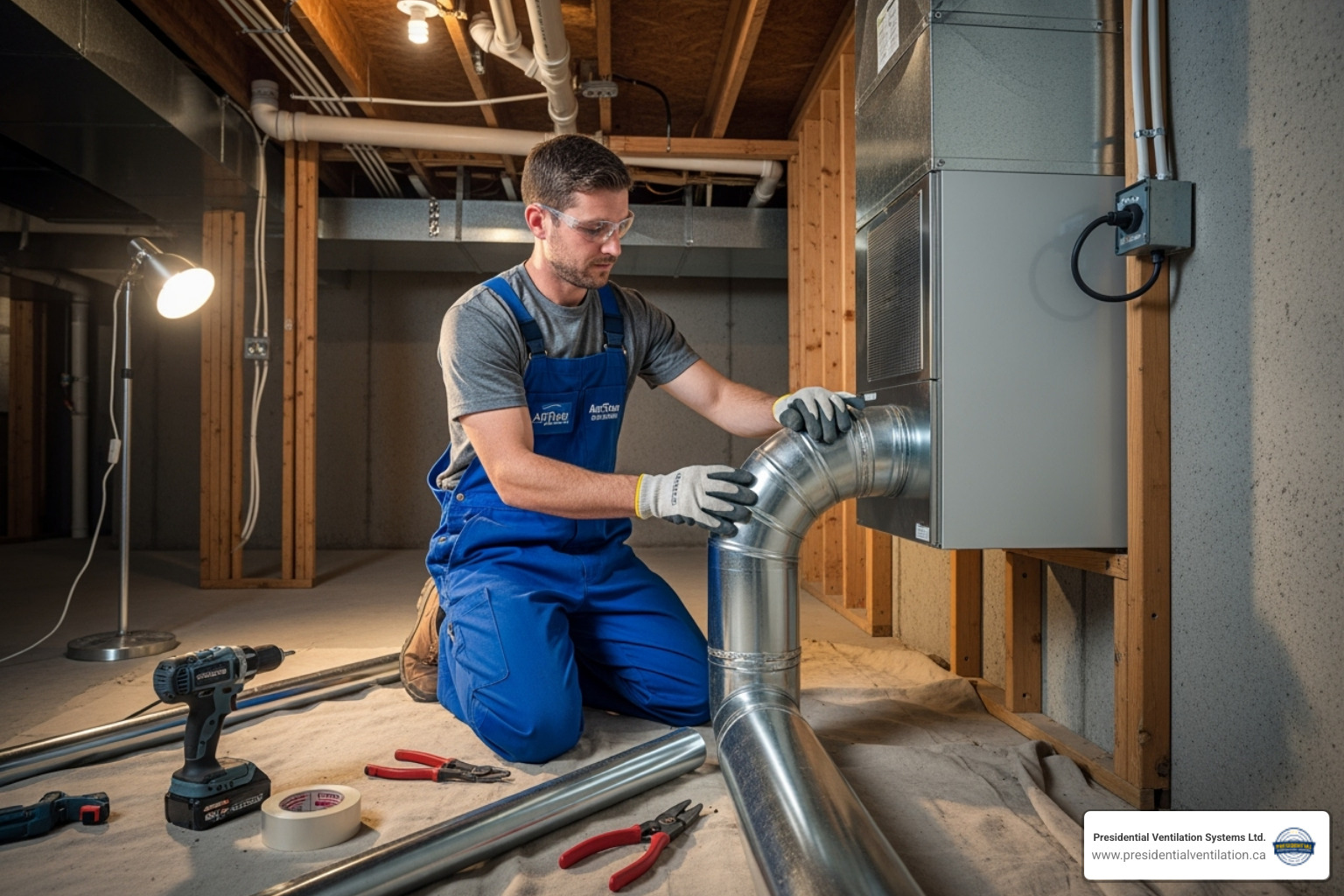 A certified technician professionally installing ductwork for an air exchanger in a residential basement - Air exchanger installation Dartmouth
