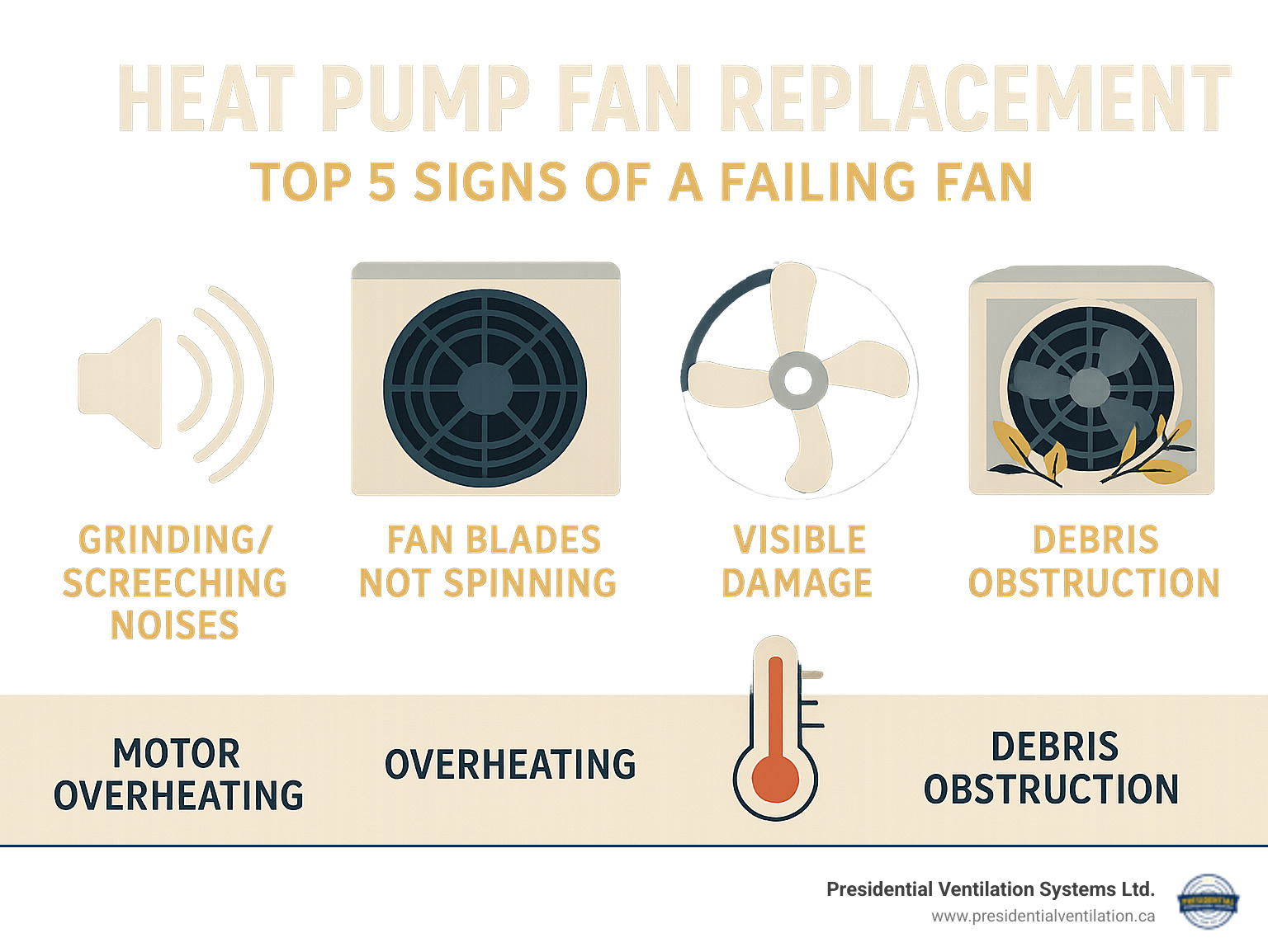 Comprehensive infographic showing the top 5 signs of a failing heat pump fan: grinding/screeching noises with sound wave icons, fan blades not spinning with a stationary fan illustration, visible damage showing bent blades, motor overheating with temperature gauge, and debris obstruction with leaves and twigs around the unit - heat pump fan replacement infographic 