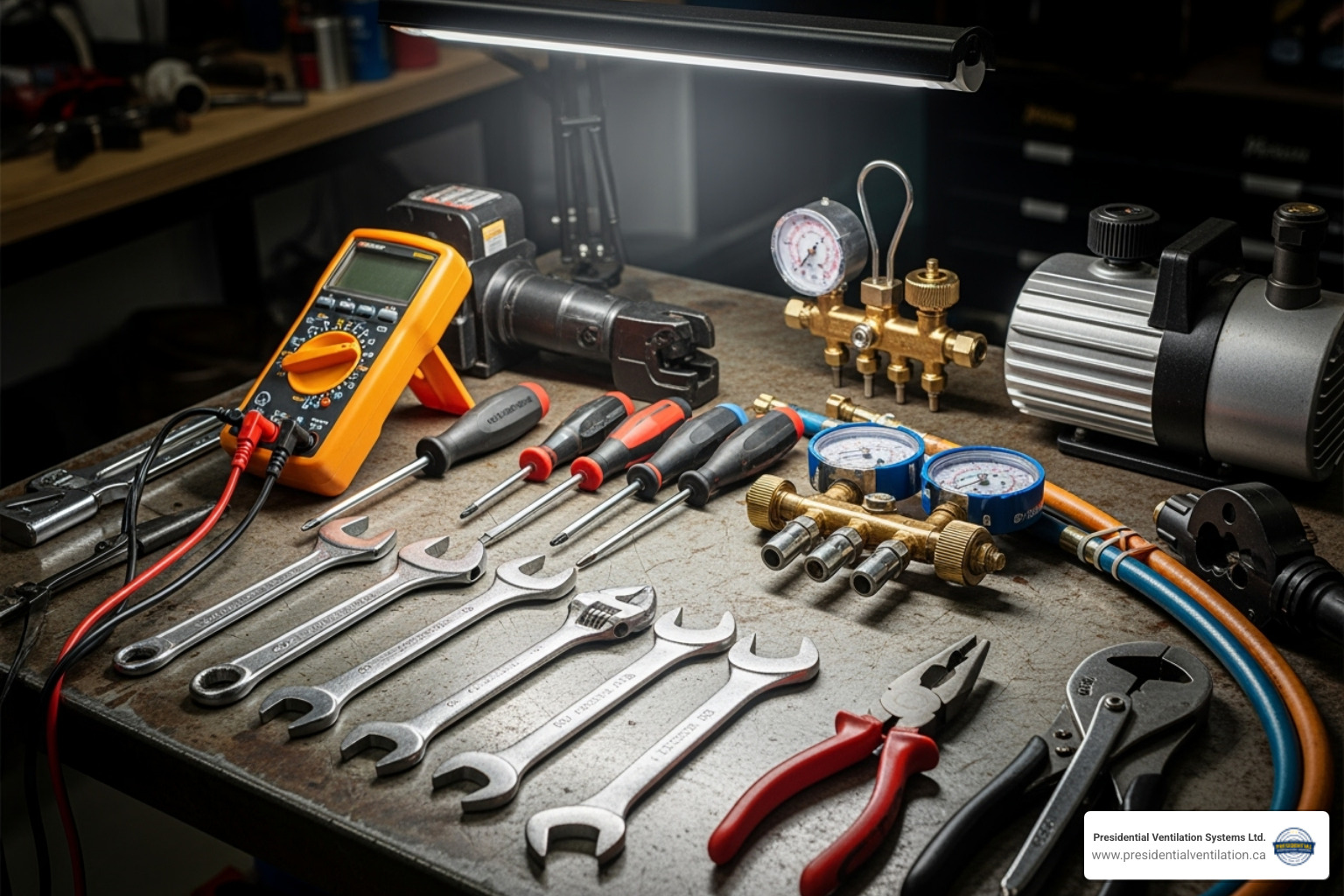 essential HVAC repair tools like a multimeter, screwdrivers, and wrenches - heat pump fan replacement