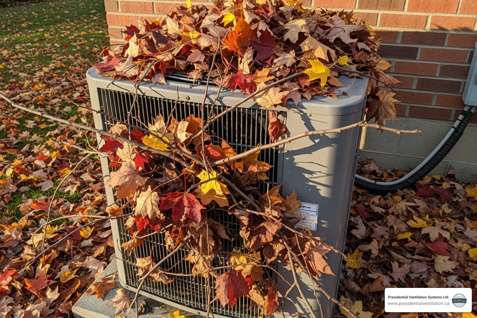 debris and leaves clogging a heat pump's fan grille - heat pump fan replacement