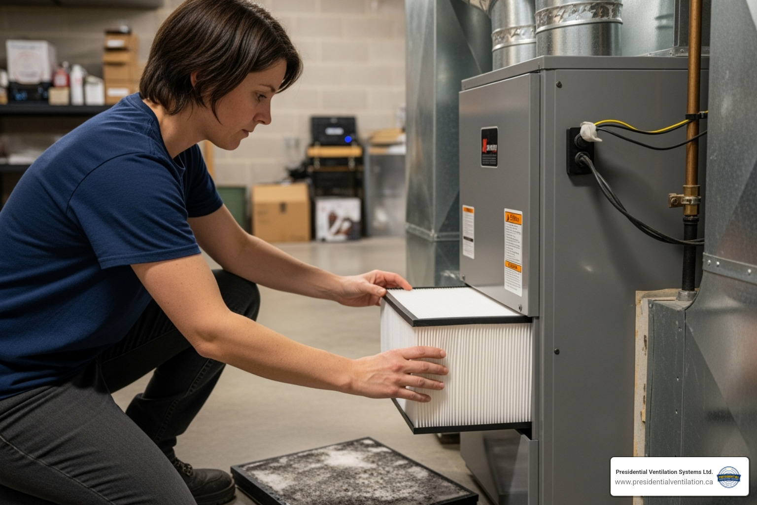 Homeowner changing their furnace filter - central air conditioner windsor