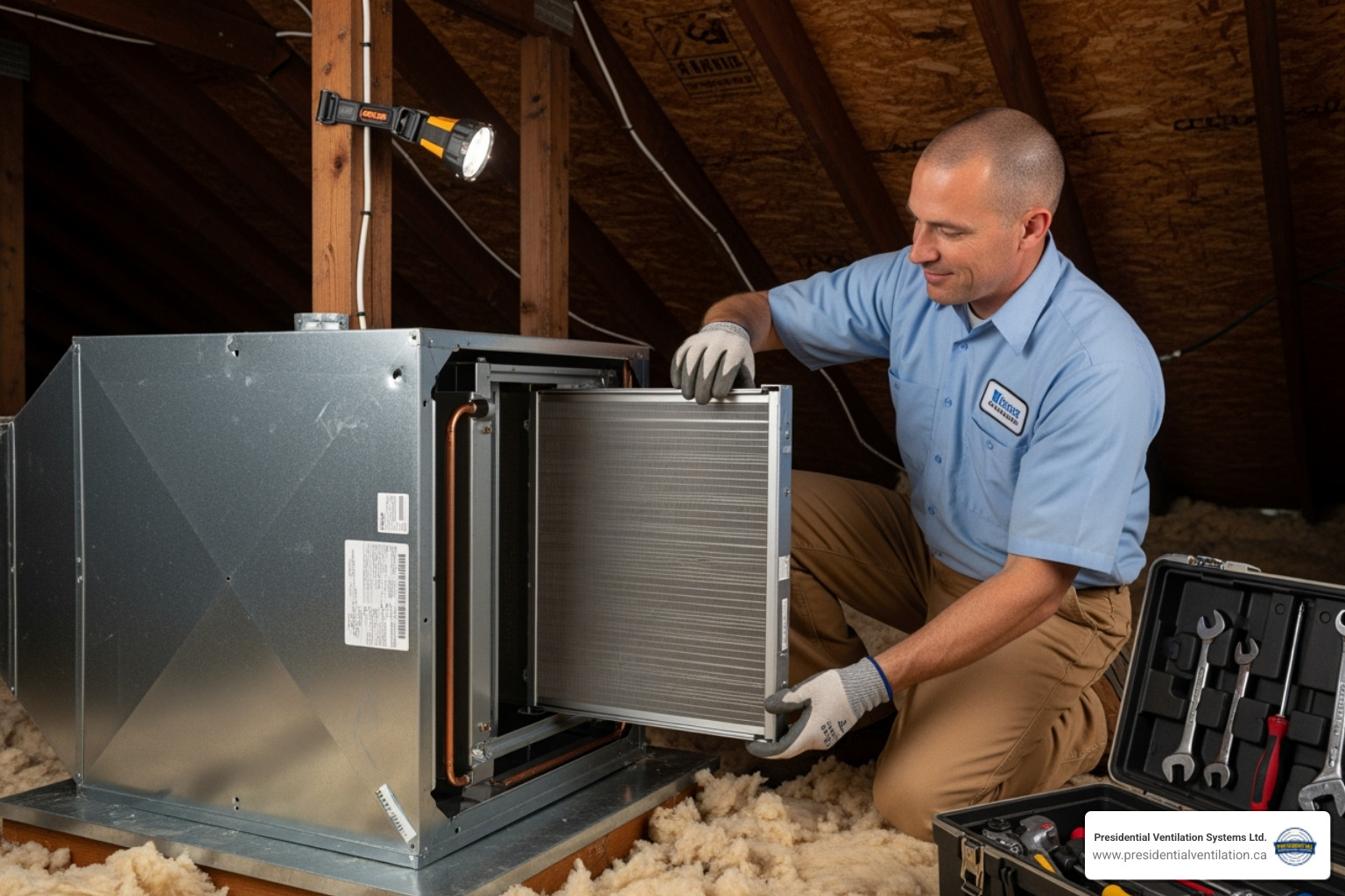 Certified HVAC technician professionally installing an indoor coil - central air conditioner windsor