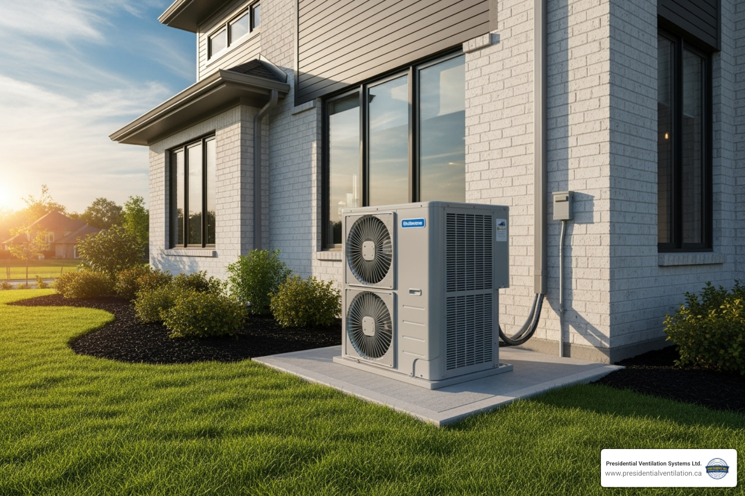 Modern, efficient outdoor AC condenser unit next to a home - central air conditioner windsor