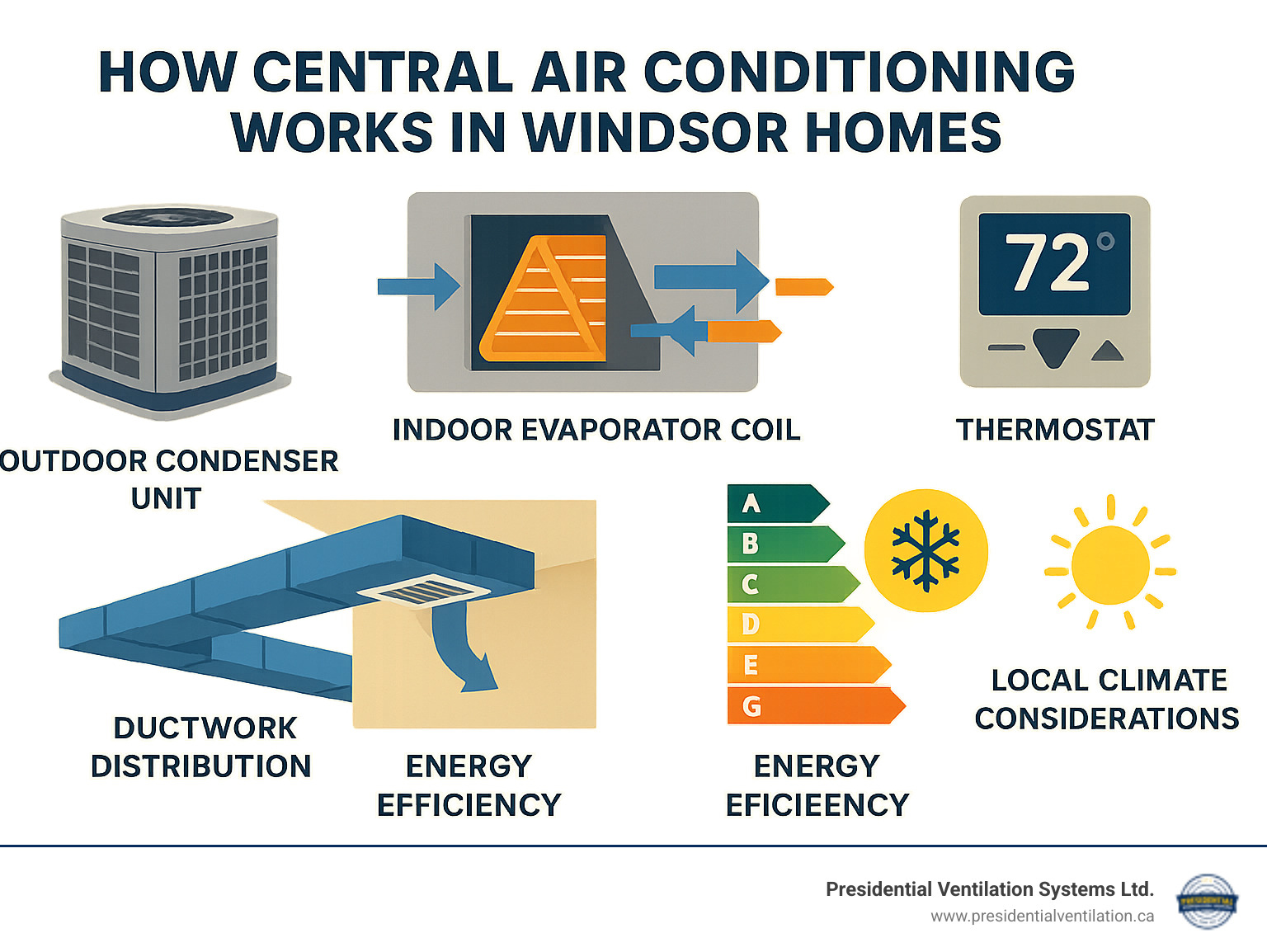 Comprehensive guide showing how central air conditioning systems work in Windsor homes, including outdoor condenser unit, indoor evaporator coil, ductwork distribution, thermostat control, and energy efficiency ratings with local climate considerations - central air conditioner windsor infographic 