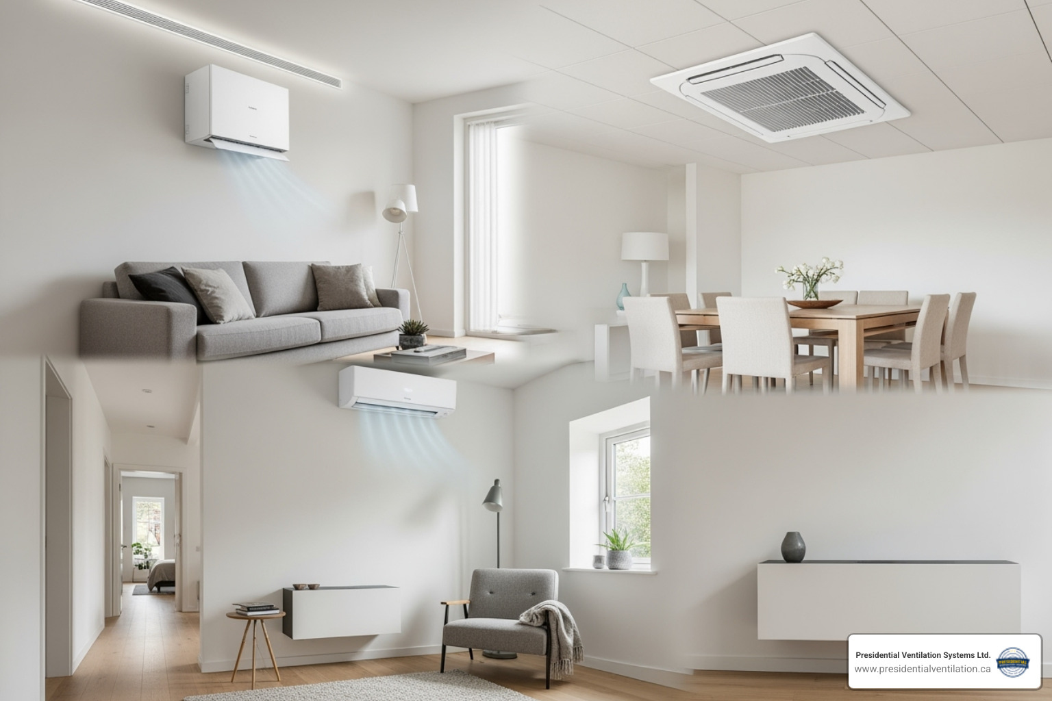 Image showing different indoor unit types: wall-mounted, ceiling cassette, floor-mounted, and concealed - ductless heat pump reviews