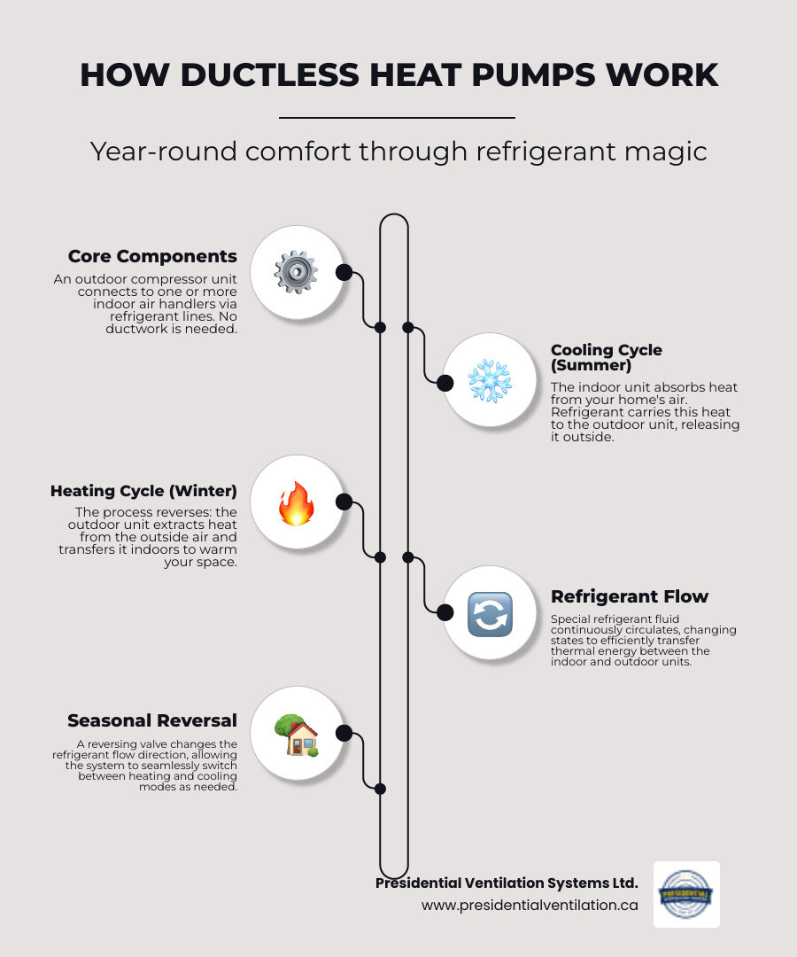 Infographic showing how ductless heat pumps work for both heating and cooling cycles, with refrigerant flow directions, indoor and outdoor unit components, and seasonal operation differences - ductless heat pump reviews infographic infographic-line-5-steps-neat_beige