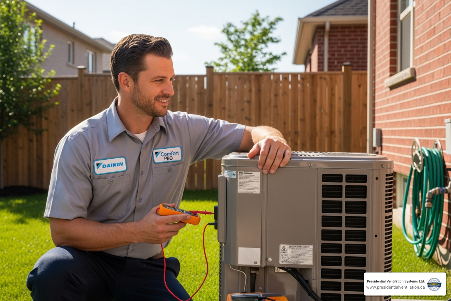 friendly technician servicing a Daikin outdoor unit - Daikin warranty service friendly technician servicing a Daikin outdoor unit - Daikin warranty service