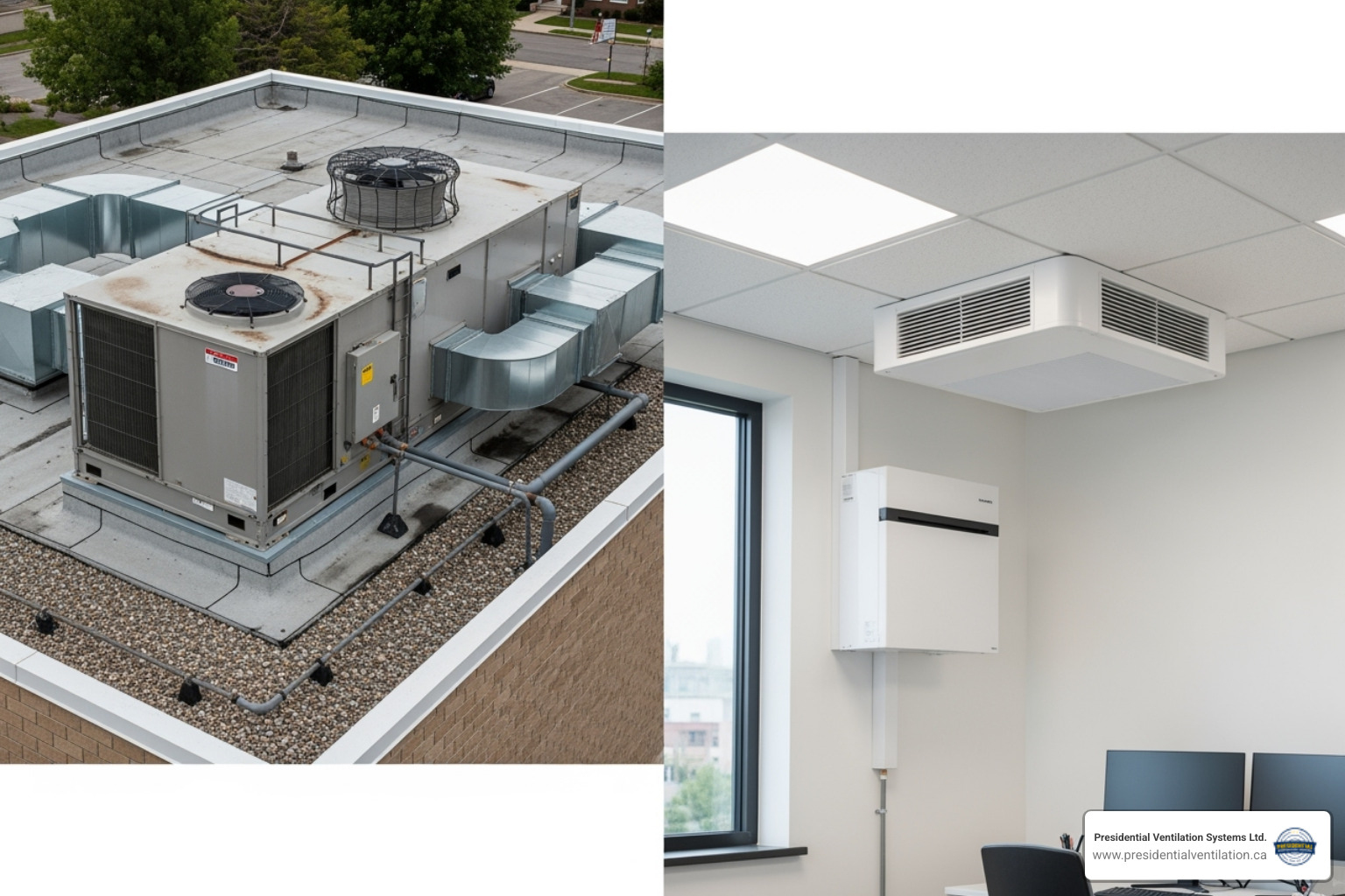 different commercial HVAC units, like a rooftop unit and a ductless system - commercial HVAC installation