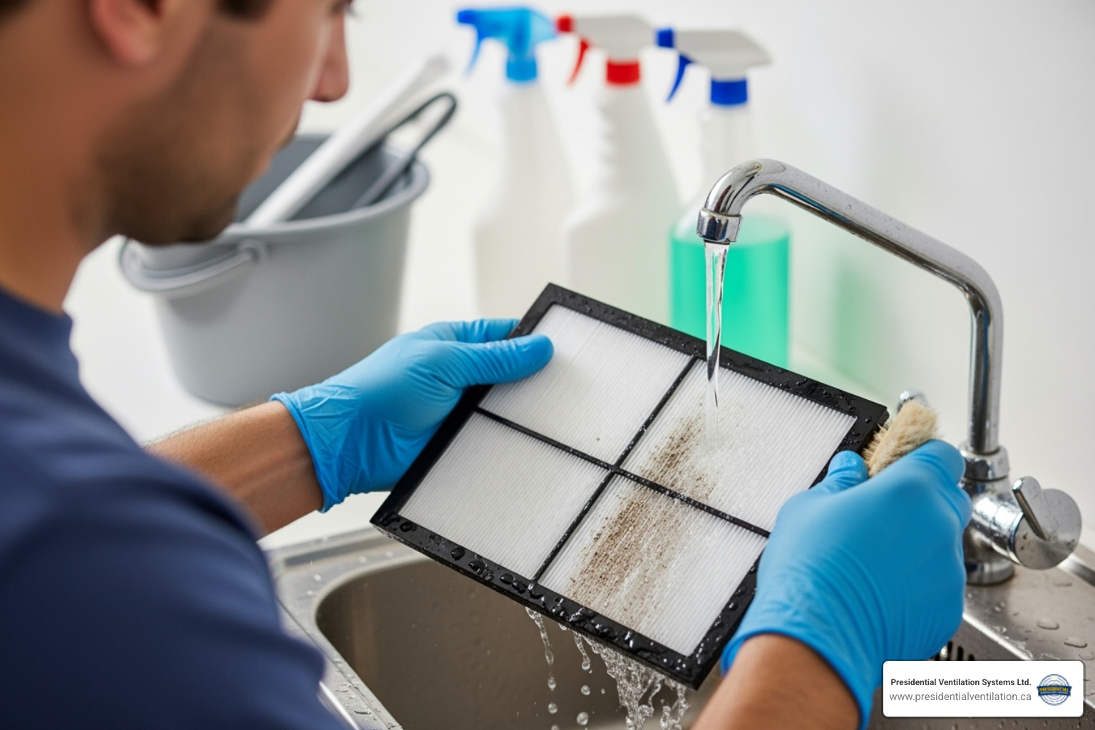 Technician cleaning an HRV filter - HRV installation Halifax