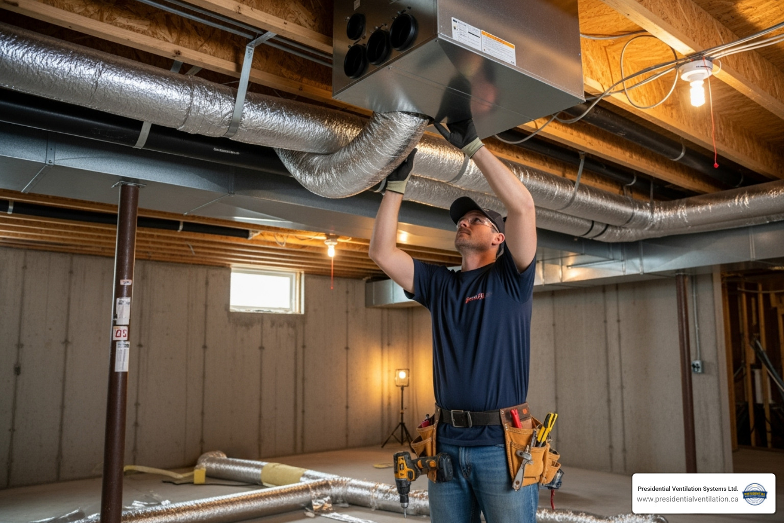 Technician professionally installing ductwork for an HRV system - HRV installation Halifax