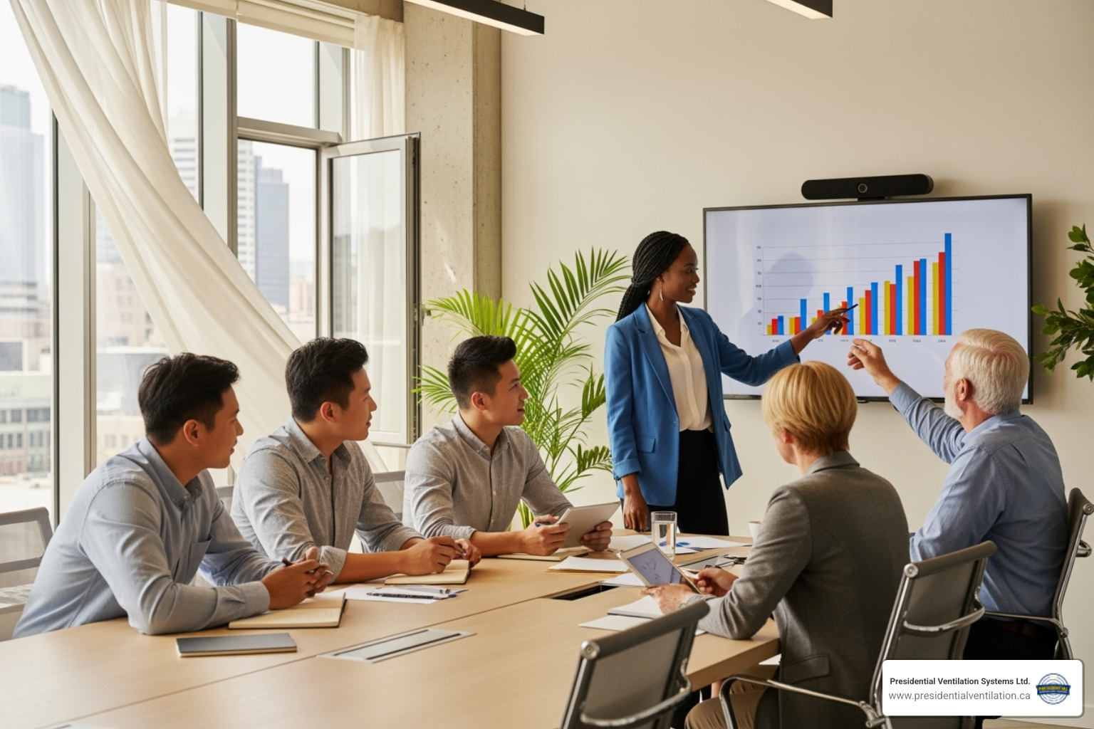 Healthy employees in a well-ventilated meeting room - Commercial ventilation Halifax