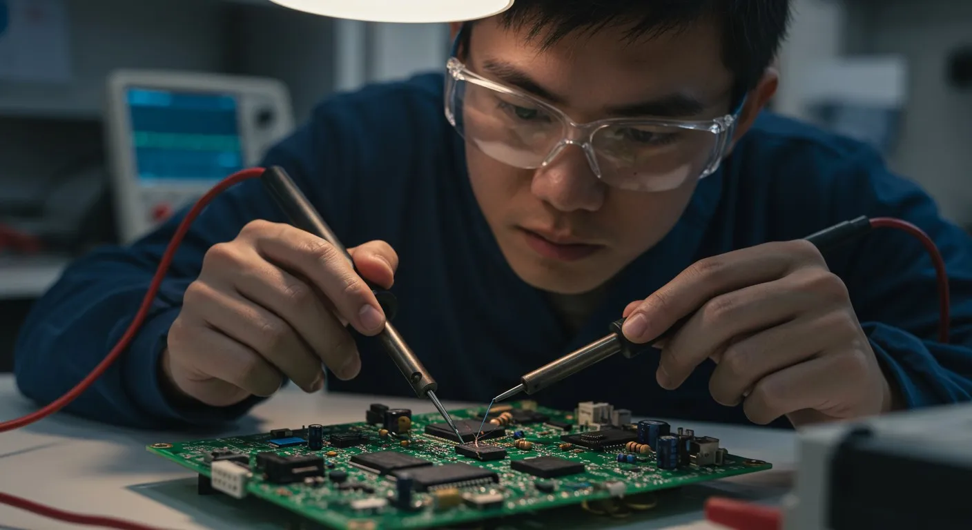 Technician soldering a circuit board with safety glasses.