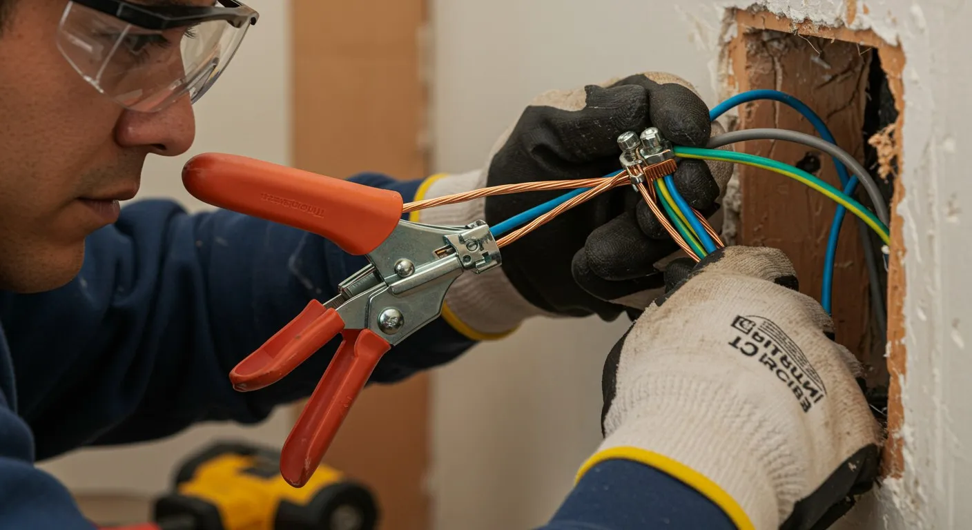Electrician connecting wires with a terminal block.
