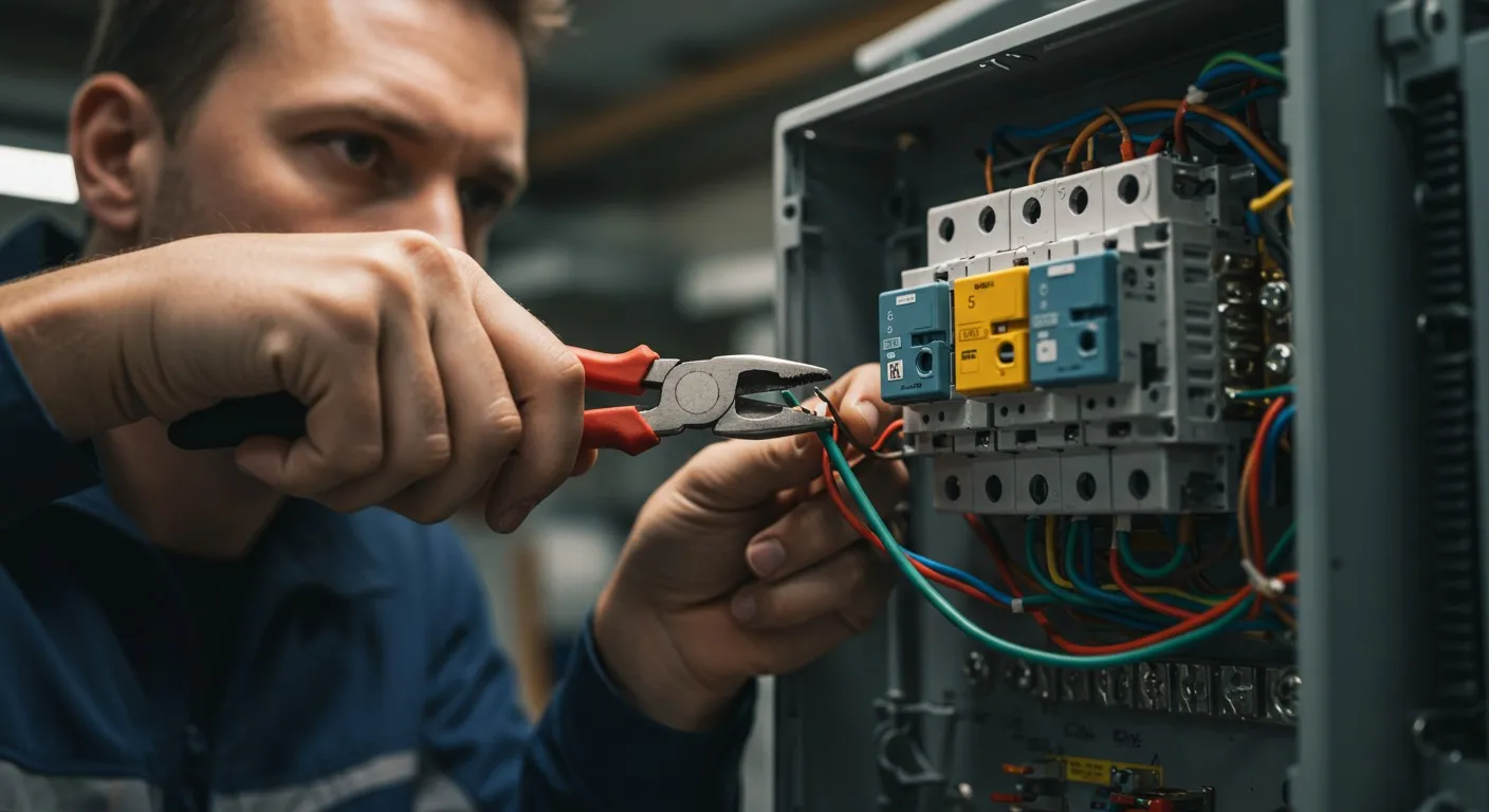 Electrician working on an electrical panel with pliers.