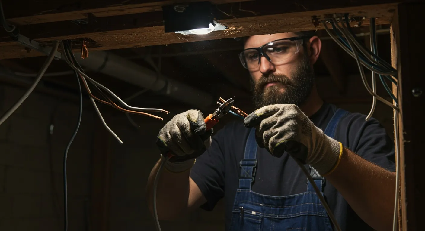 Electrician stripping electrical wires in a dark basement.