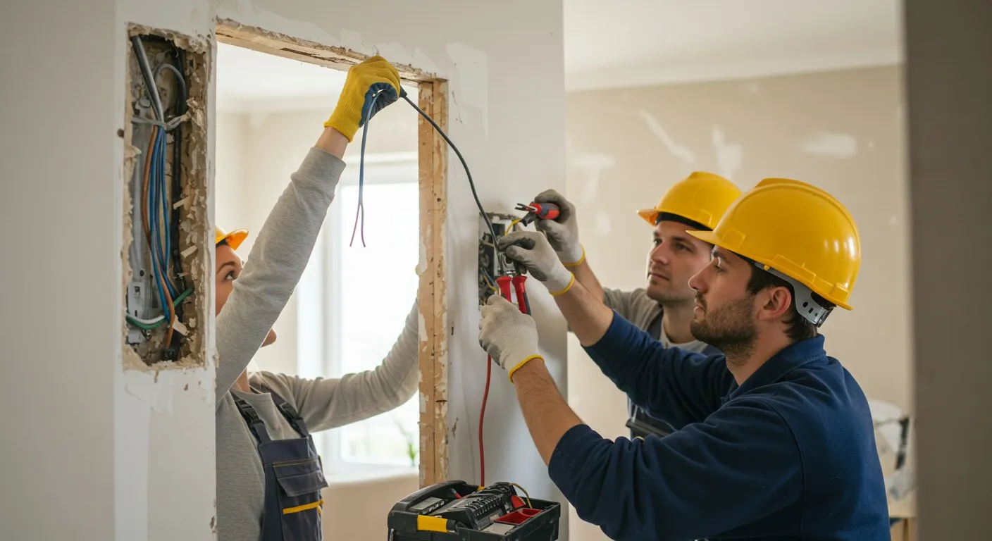 Electricians installing or repairing house wiring.
