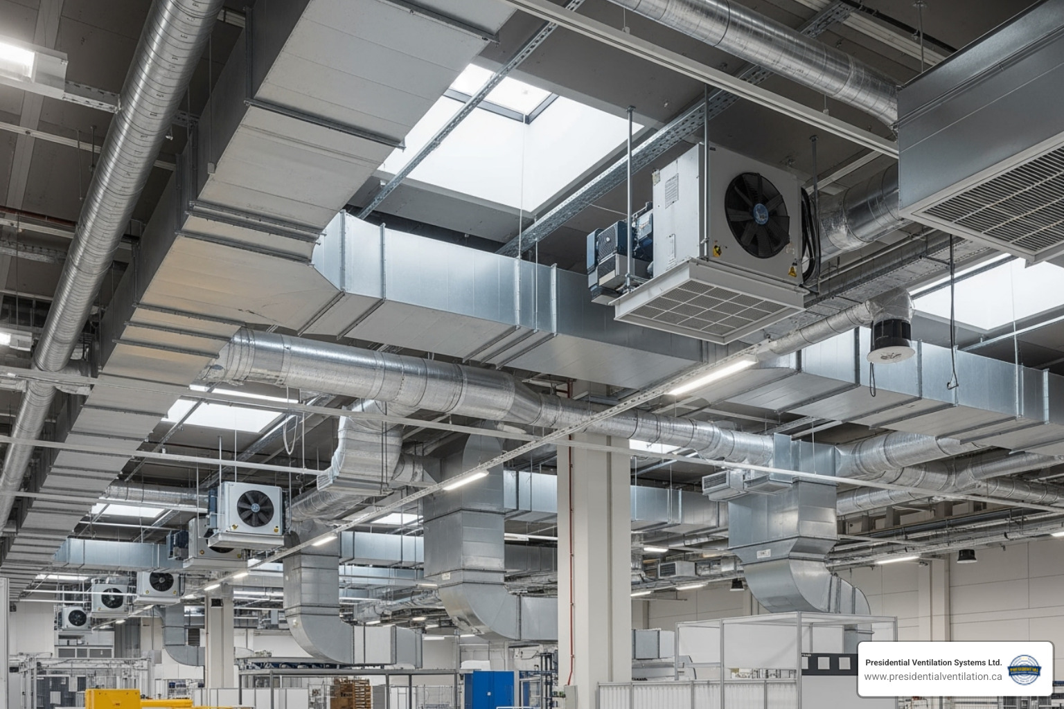 Diagram illustrating the core concepts of natural ventilation (wind and stack effect) on one side and mechanical ventilation (fans and ducts) on the other, showing airflow patterns. - Commercial ventilation solutions