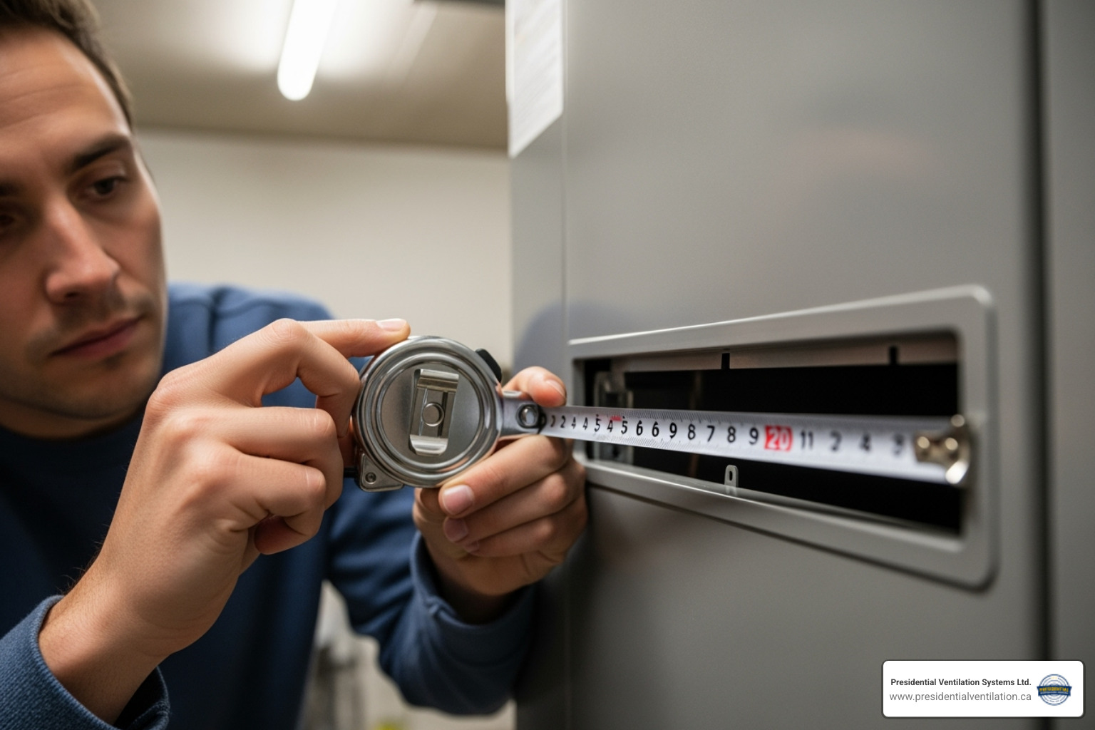 Person measuring a heat pump filter slot - heat pump filter replacement