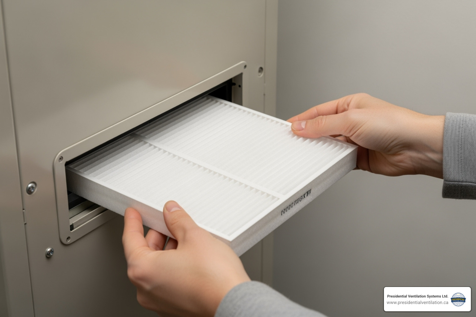 Person sliding a new filter into a heat pump air handler - heat pump filter replacement