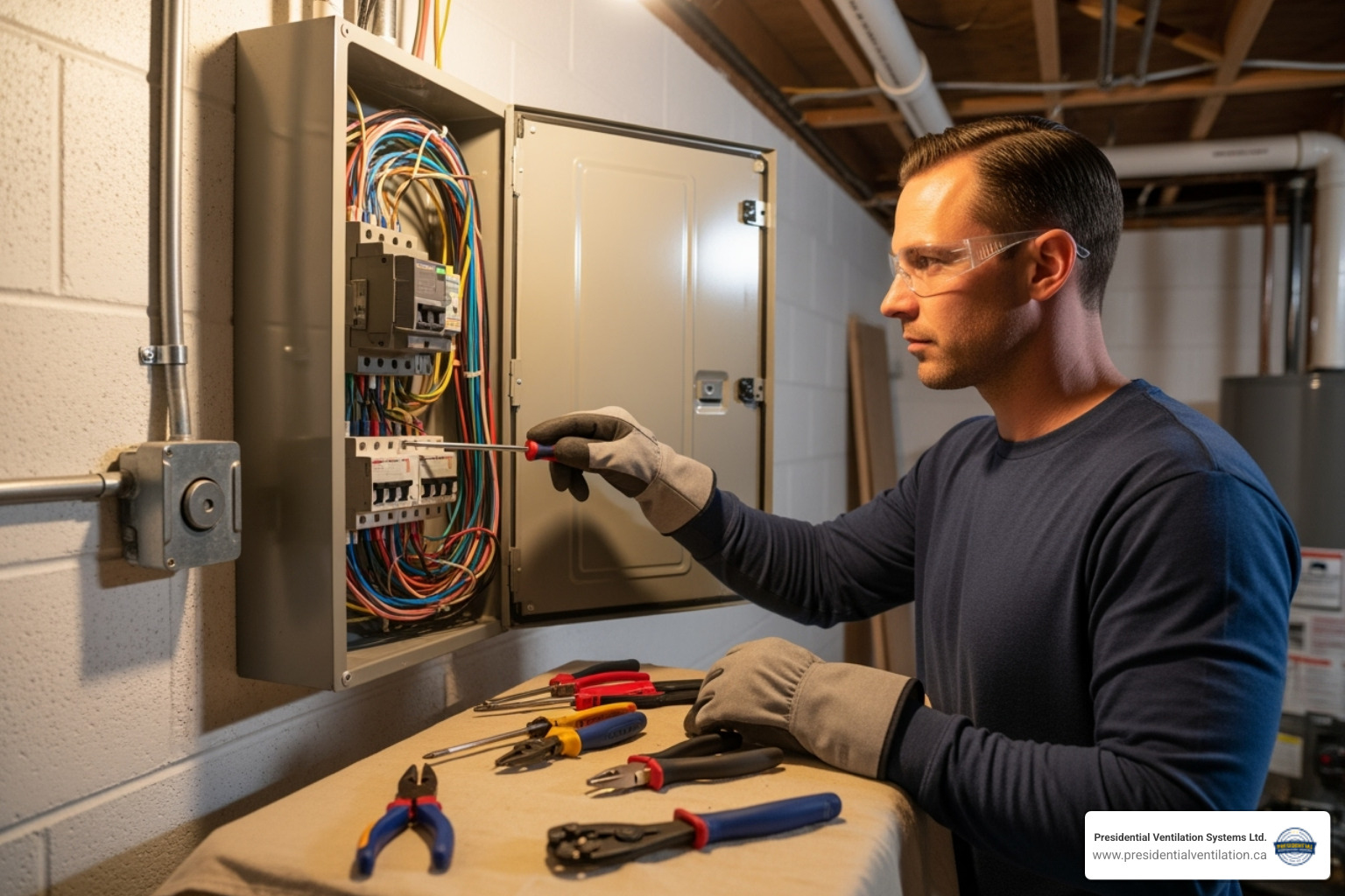 Professional electrician working on a breaker panel - Electric stove wiring