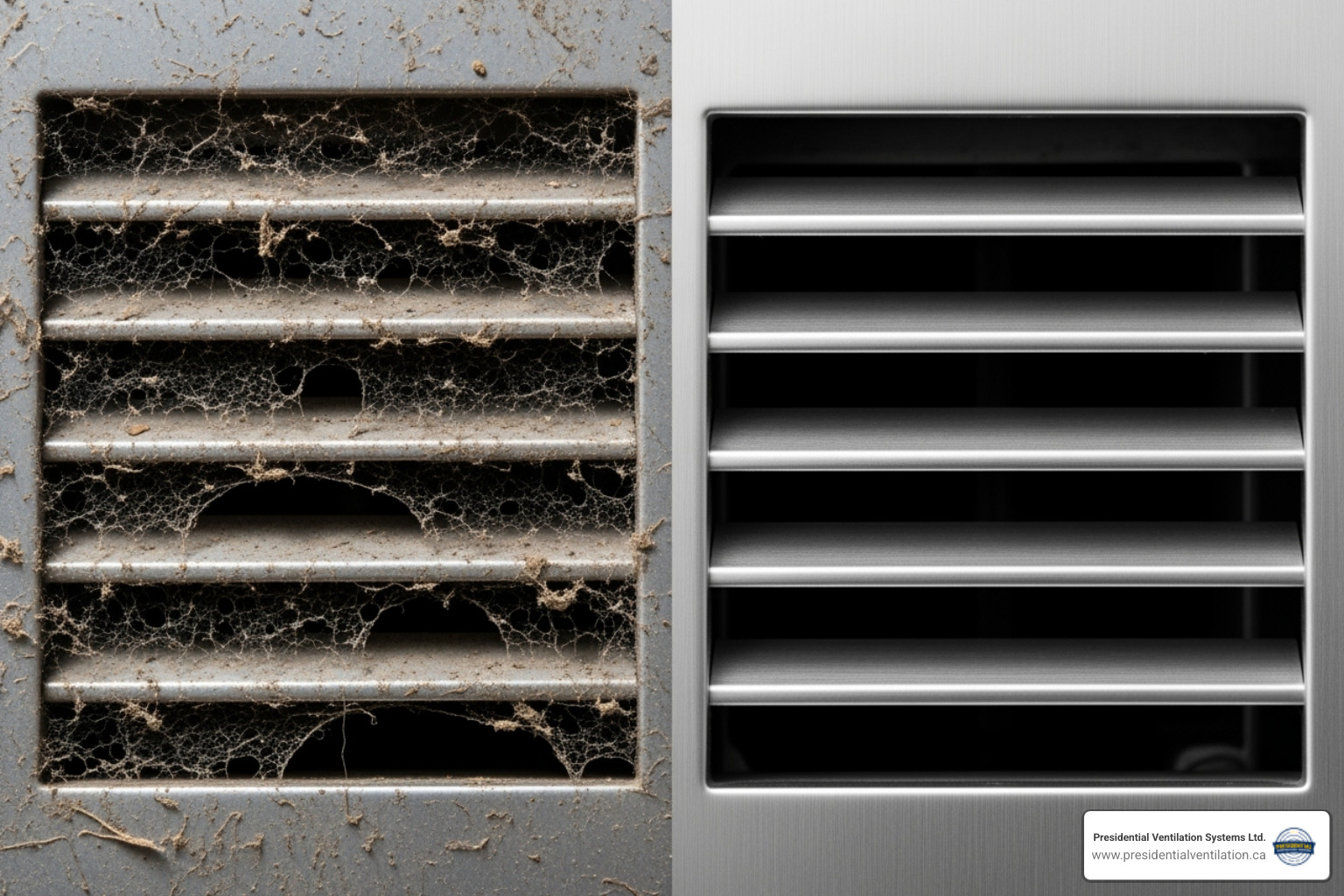 Image of a dirty air vent with visible dust accumulation next to a clean one - Air duct cleaning Windsor