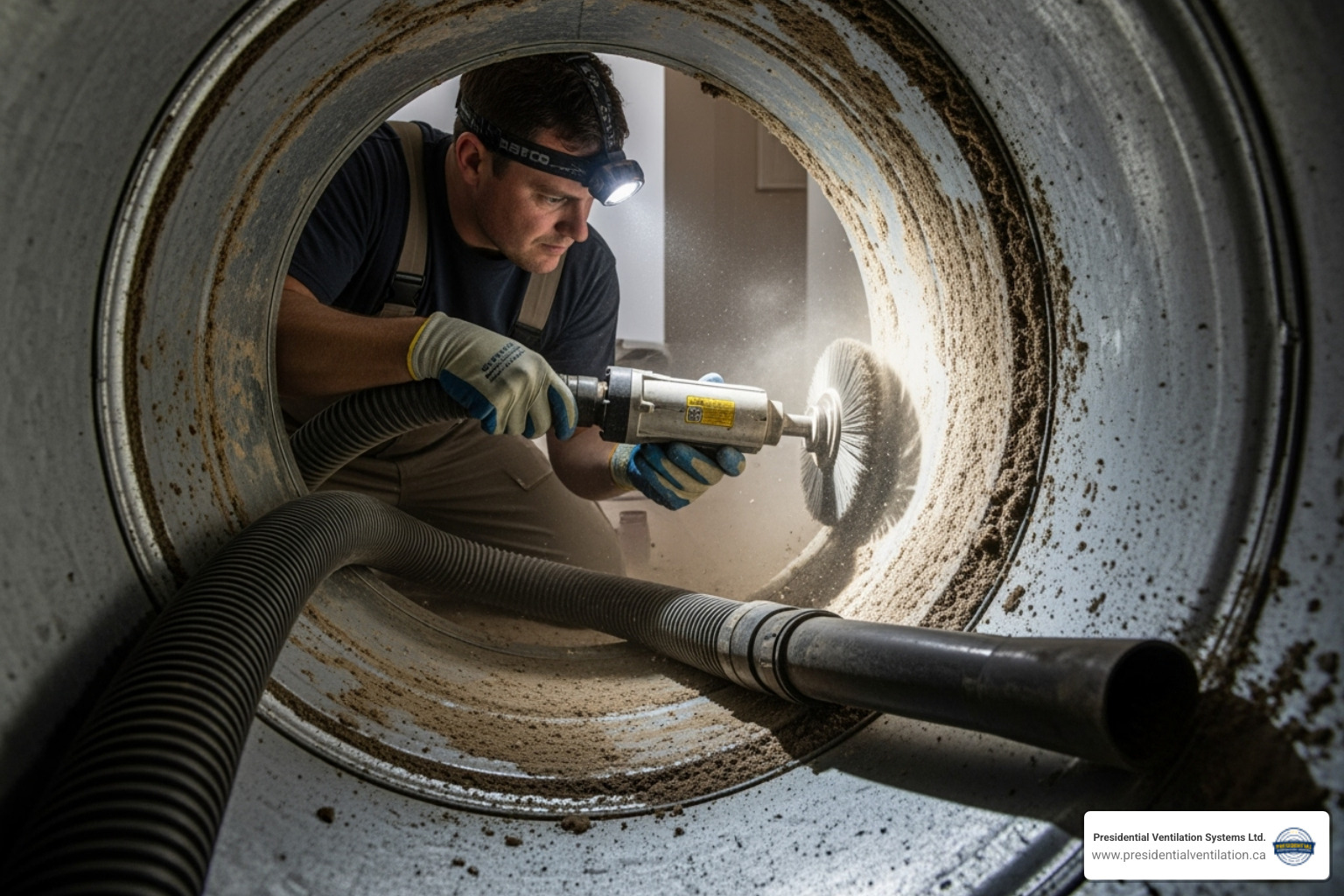 Image of a technician using a high-powered hose and brush system inside a duct - Air duct cleaning Windsor