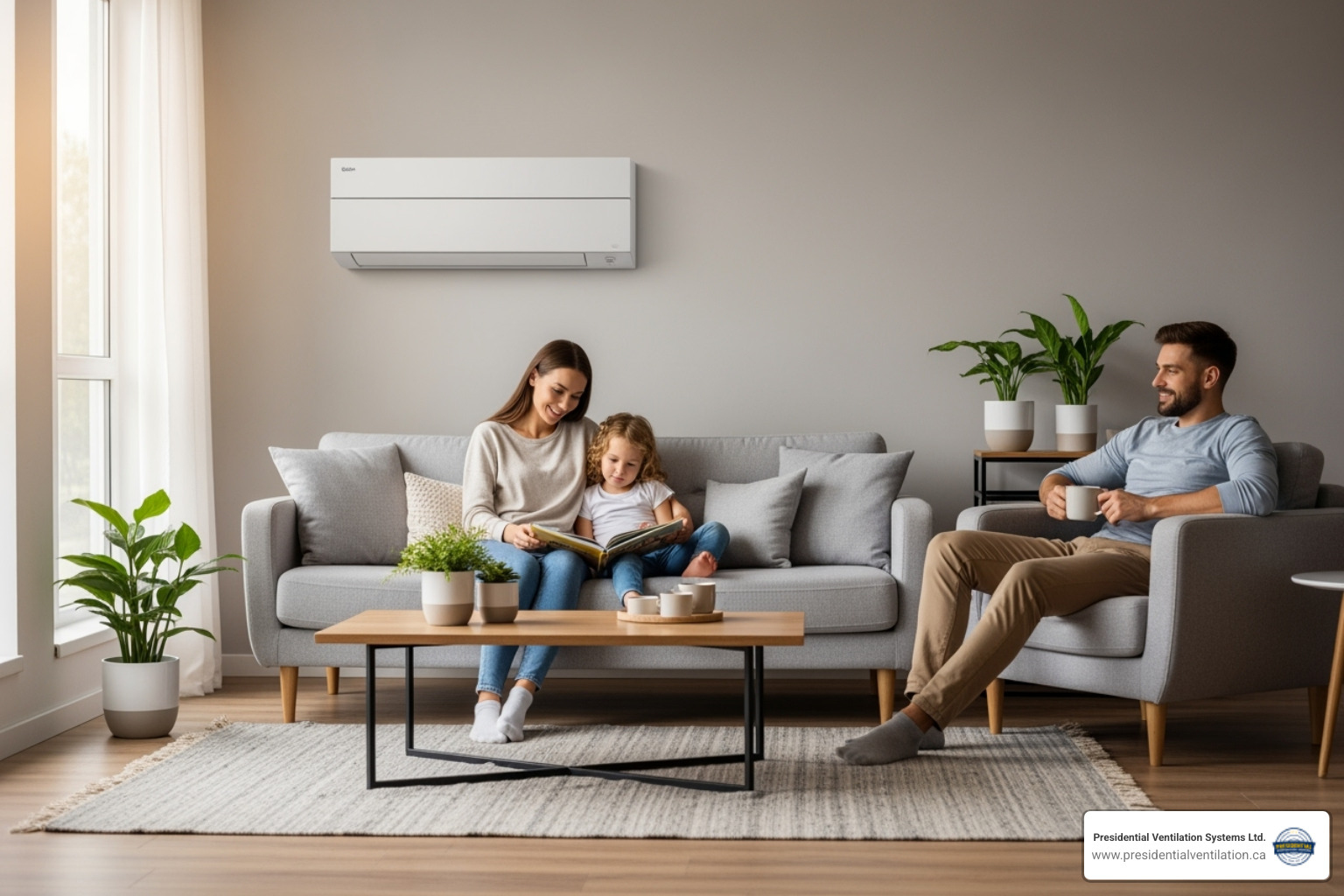 family enjoying comfortable room with discreet ductless unit - ductless heat pump Halifax