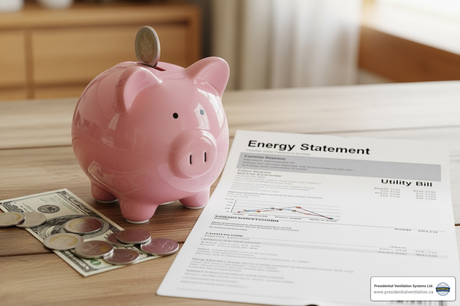 piggy bank next to an energy bill - ductless heat pump Halifax
