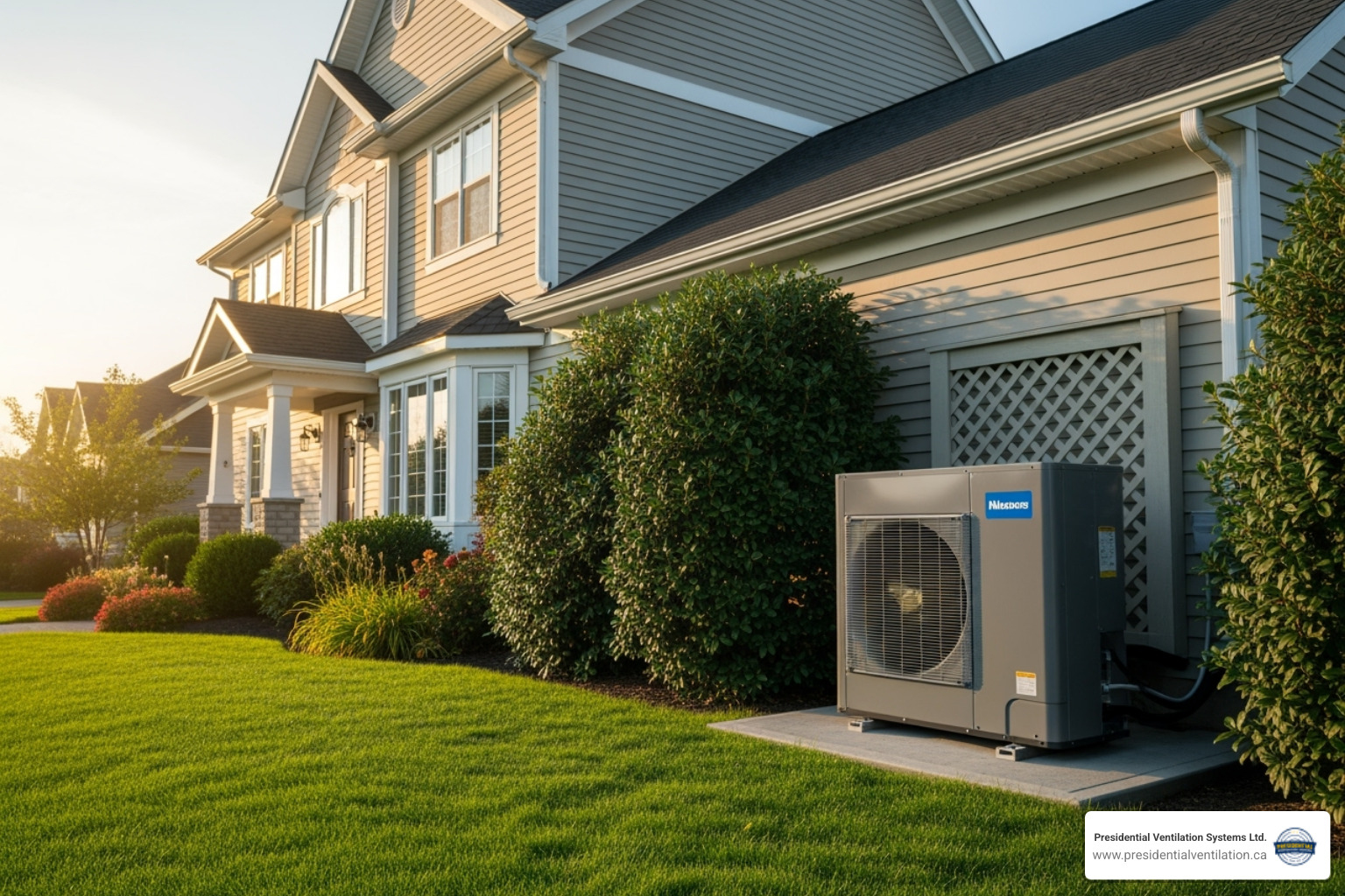 outdoor condenser unit placed discreetly beside a house - ductless heat pump Halifax