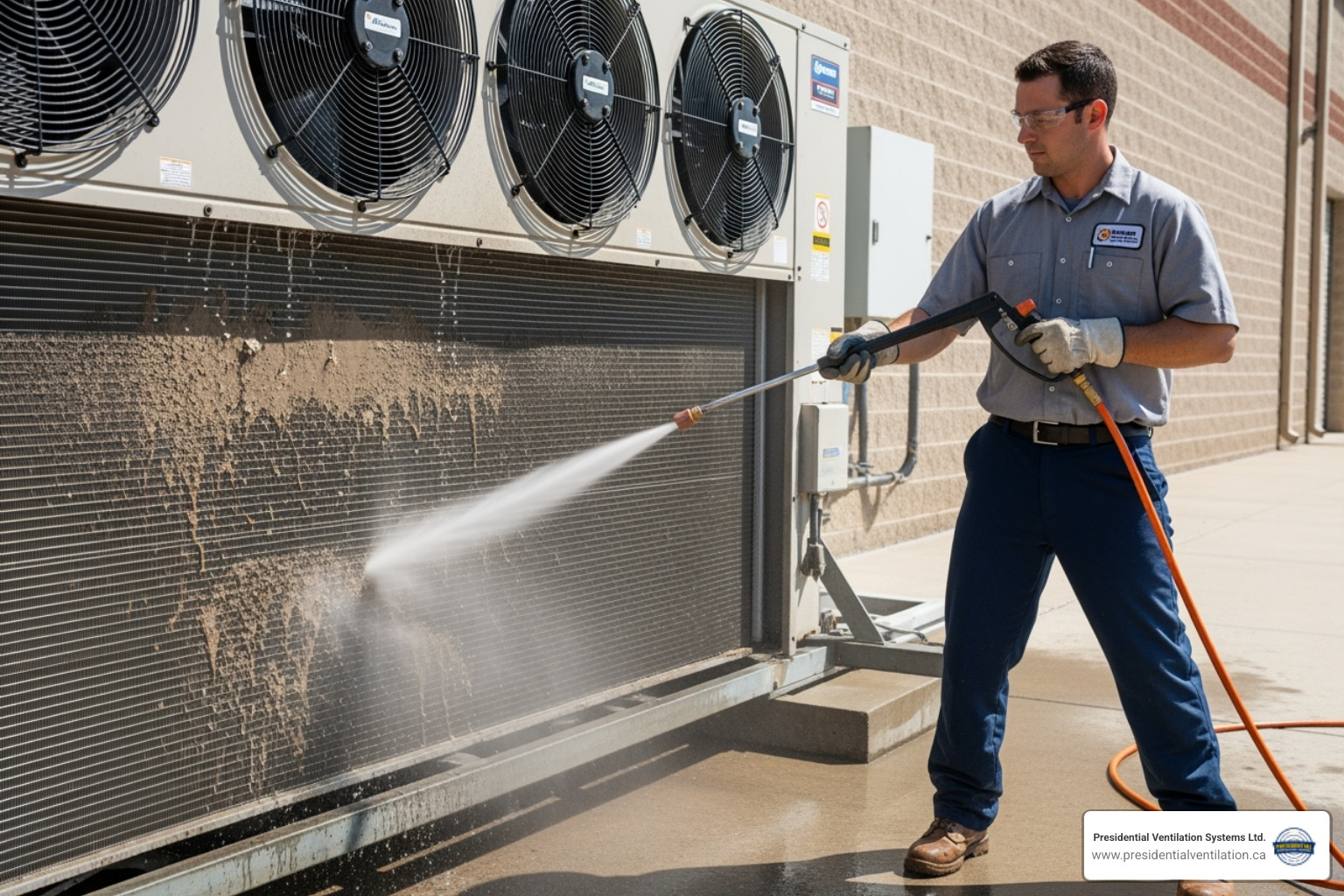 technician cleaning a large condenser coil - commercial HVAC tune-up
