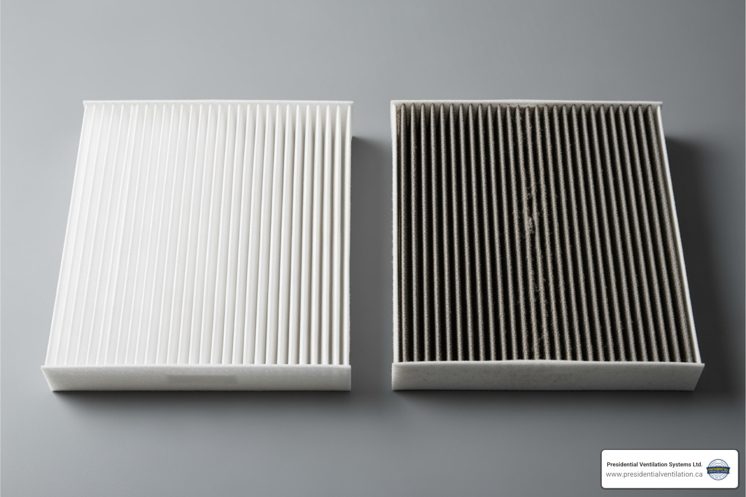 of a clean HRV filter next to a dirty one - hrv installation dartmouth