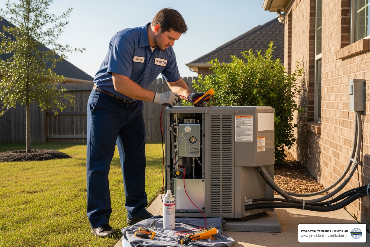 technician performing maintenance on an outdoor unit - energy efficient HVAC system