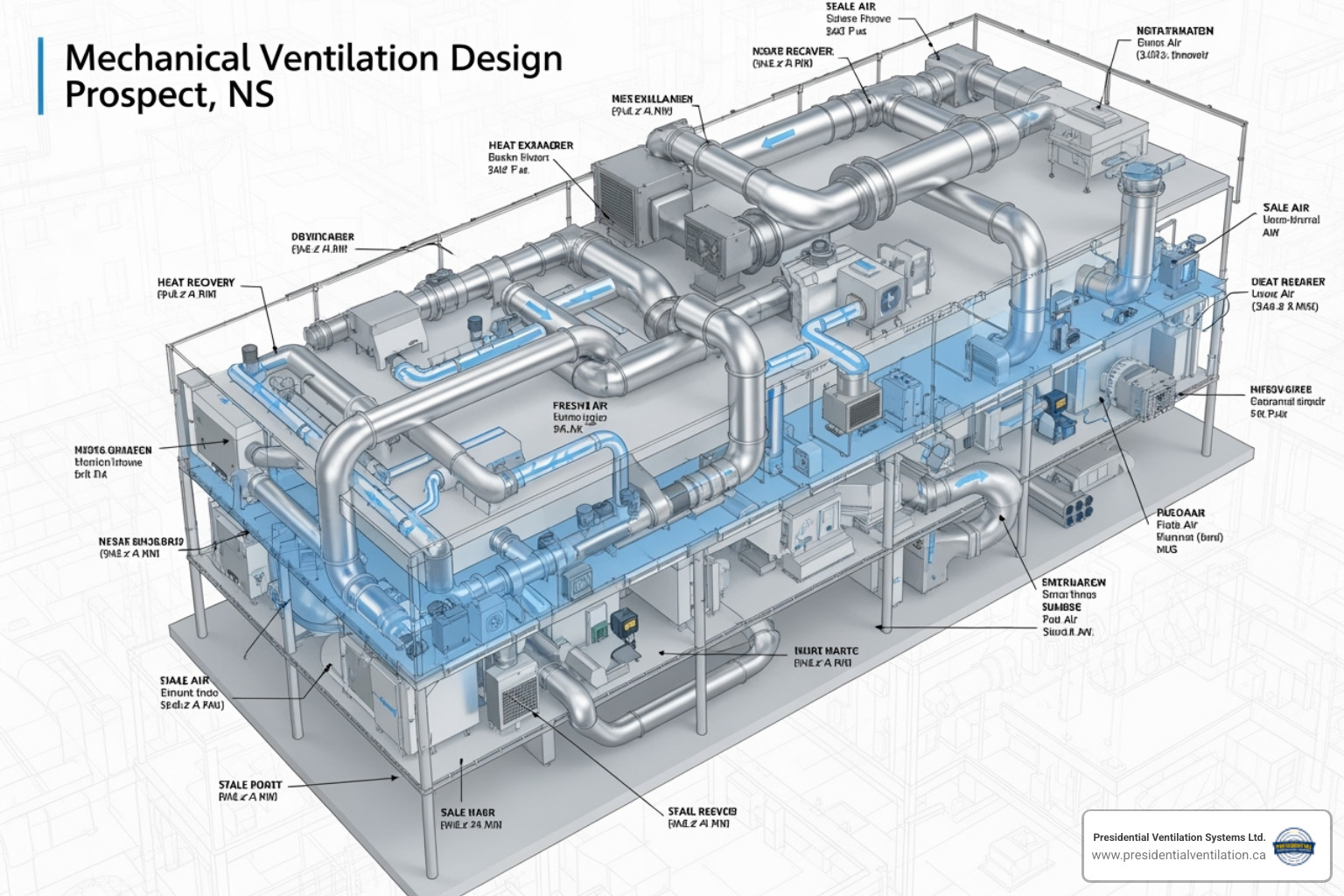 a cutaway house showing humidity and pollutants being expelled by an HRV - mechanical ventilation design prospect ns