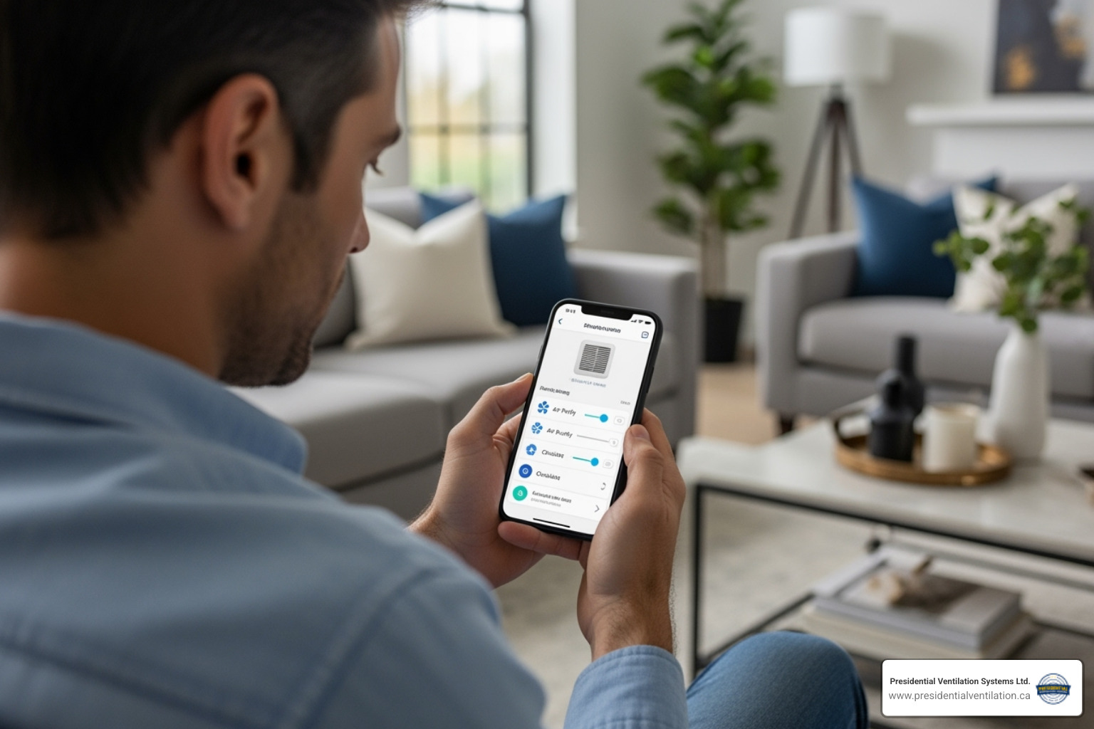 a homeowner adjusting their ventilation system via a smartphone app - mechanical ventilation design prospect ns