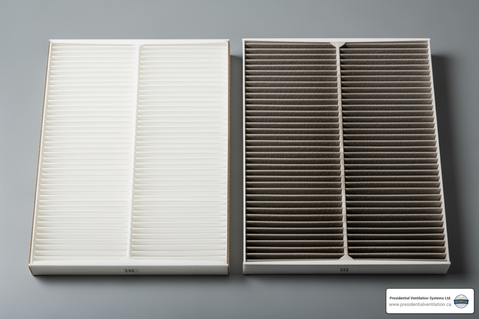 Image of a clean ERV filter next to a dirty one - energy recovery ventilation halifax ns