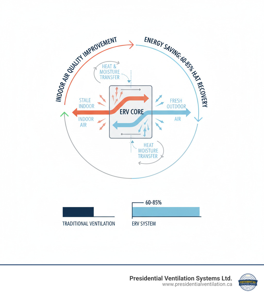 Infographic showing Energy Recovery Ventilation process with two air streams crossing through an ERV core - stale indoor air transferring heat and moisture to incoming fresh outdoor air, including labels for heat exchange core, moisture transfer, indoor air quality improvement, and energy savings of 60-85% heat recovery - energy recovery ventilation halifax ns infographic 