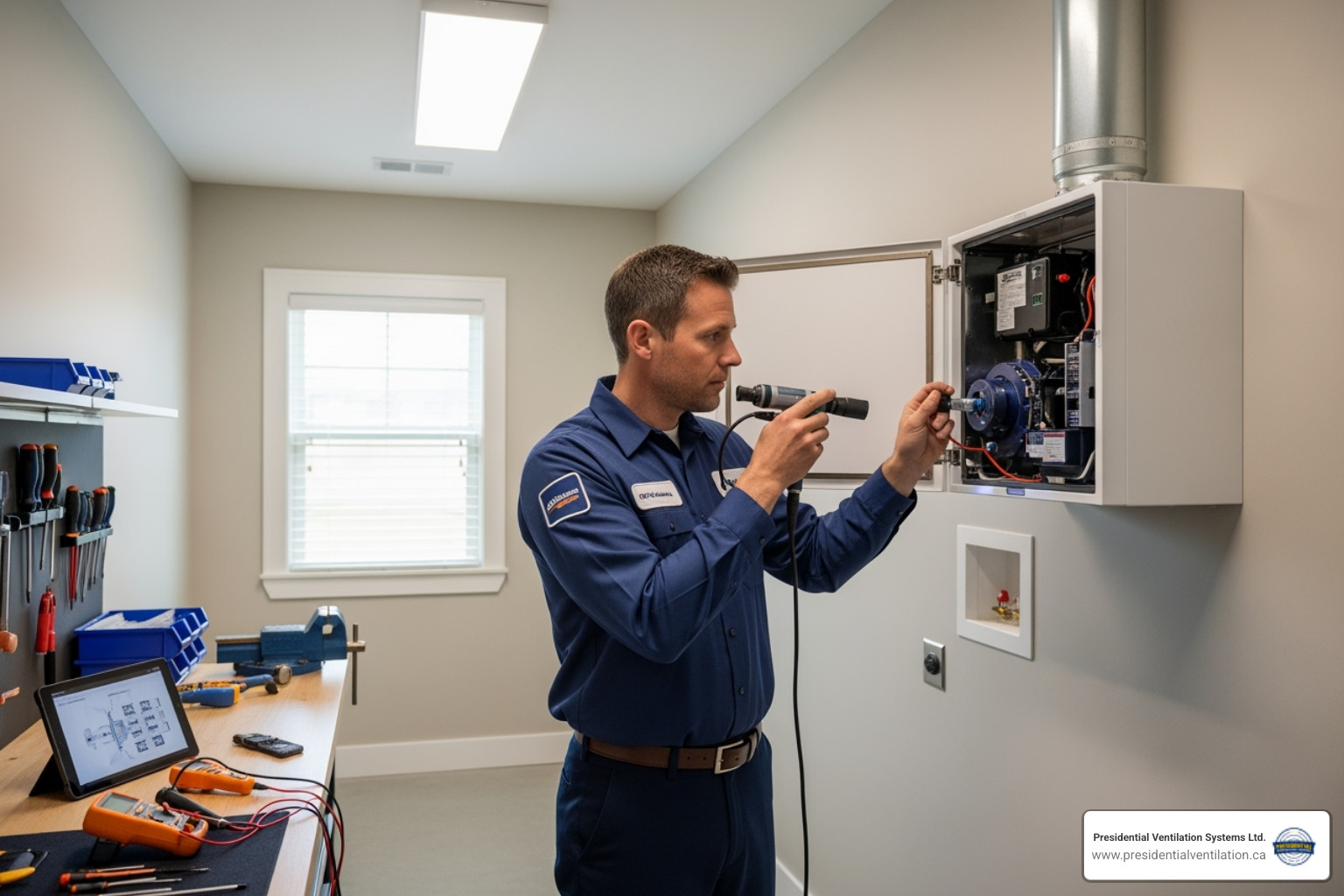 Image of a professional technician inspecting a ventilation unit in a clean, well-lit utility room - energy recovery ventilation halifax ns