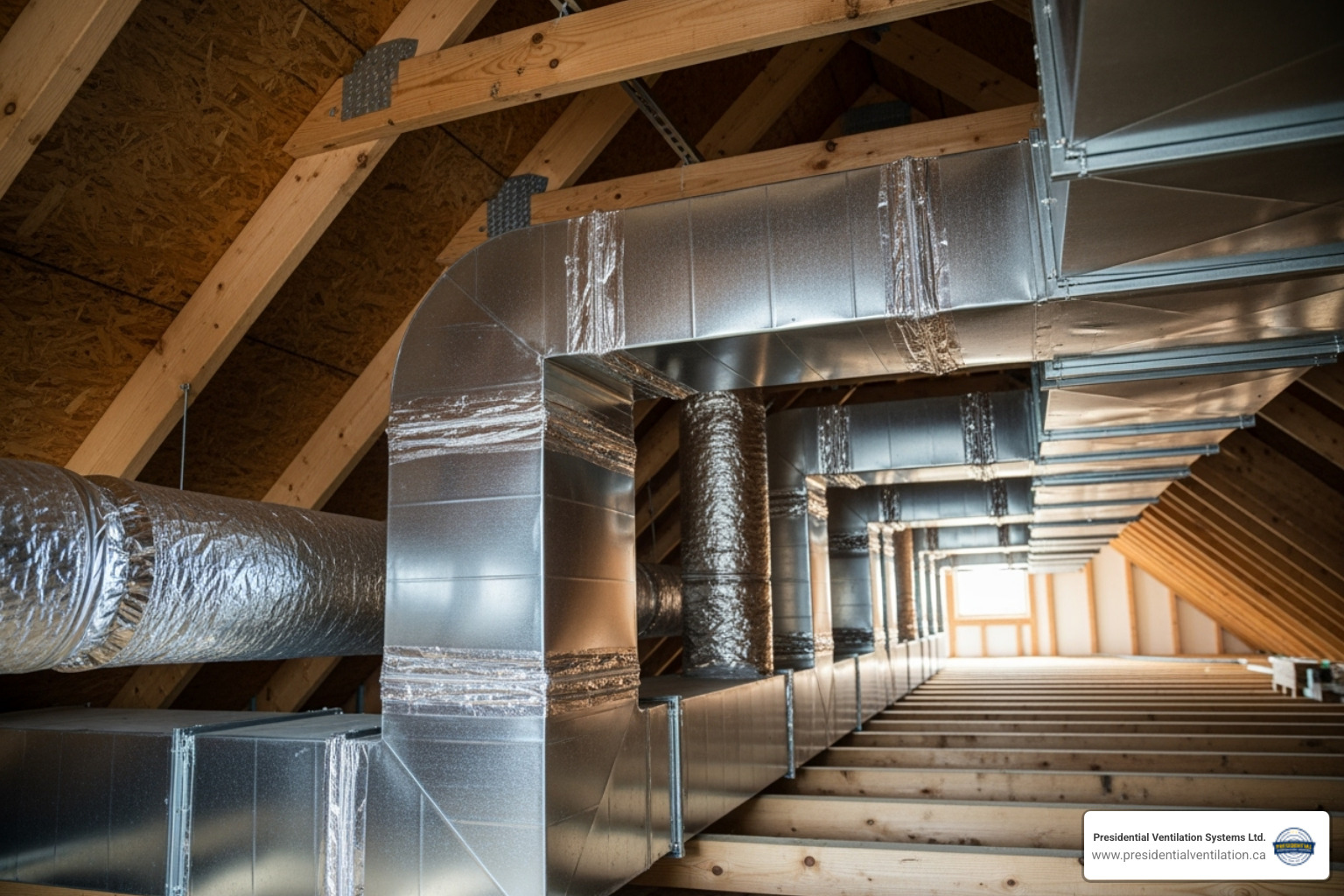 A neatly installed and sealed ductwork system in an attic, highlighting professional workmanship - custom ductwork design halifax ns