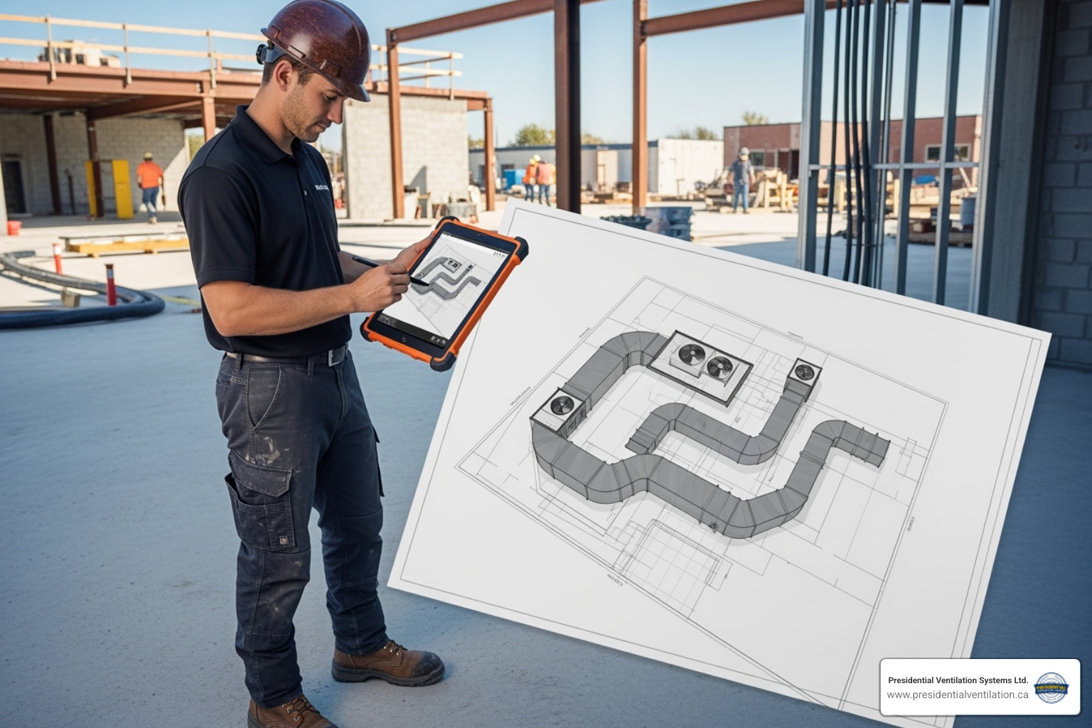 A technician using a tablet to design a ductwork layout on-site, demonstrating modern design tools - custom ductwork design halifax ns