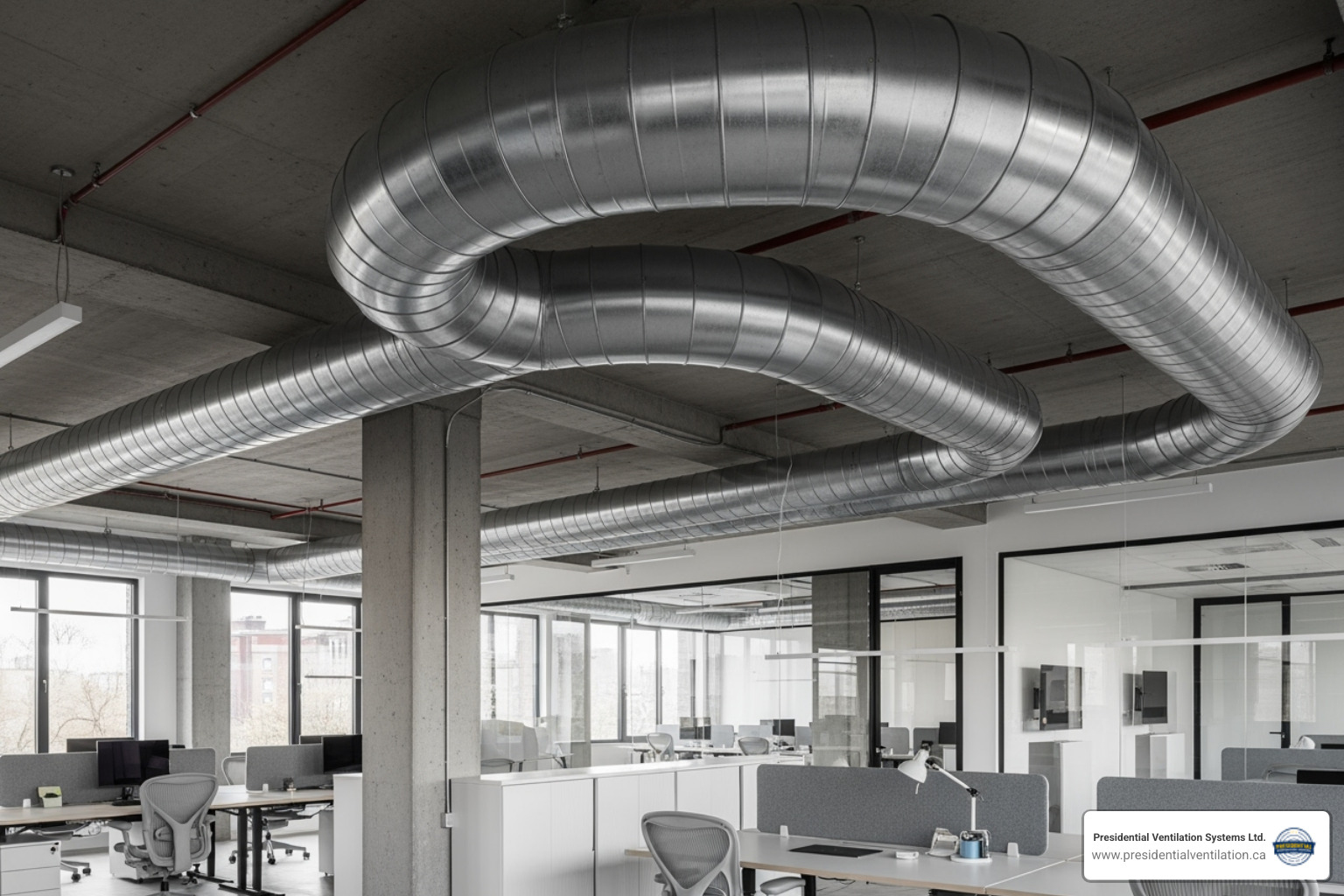 Exposed spiral ductwork in a modern commercial space, showcasing advanced design and aesthetics - custom ductwork design halifax ns