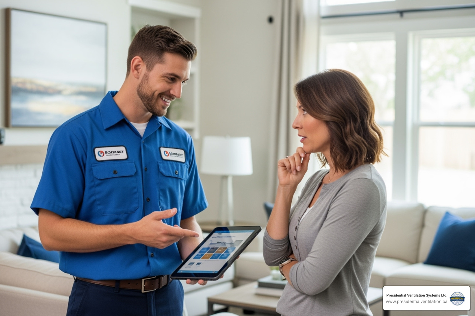 friendly technician discussing options with a homeowner - hvac installation halifax ns