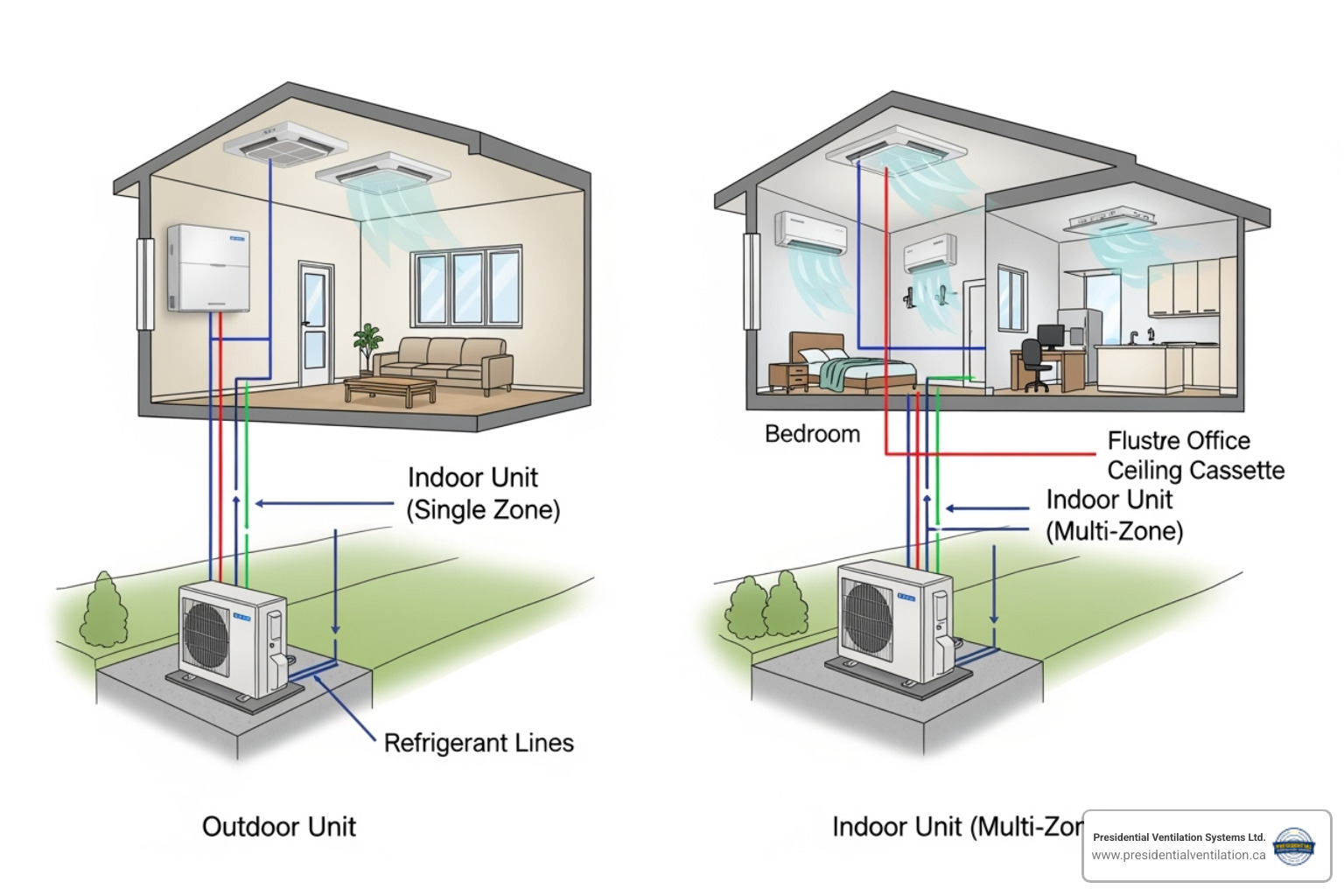 Image illustrating the difference between a single-zone and multi-zone ductless heat pump setup, showing one outdoor unit connected to one indoor unit for single-zone, and one outdoor unit connected to multiple indoor units for multi-zone - ductless heat pump halifax