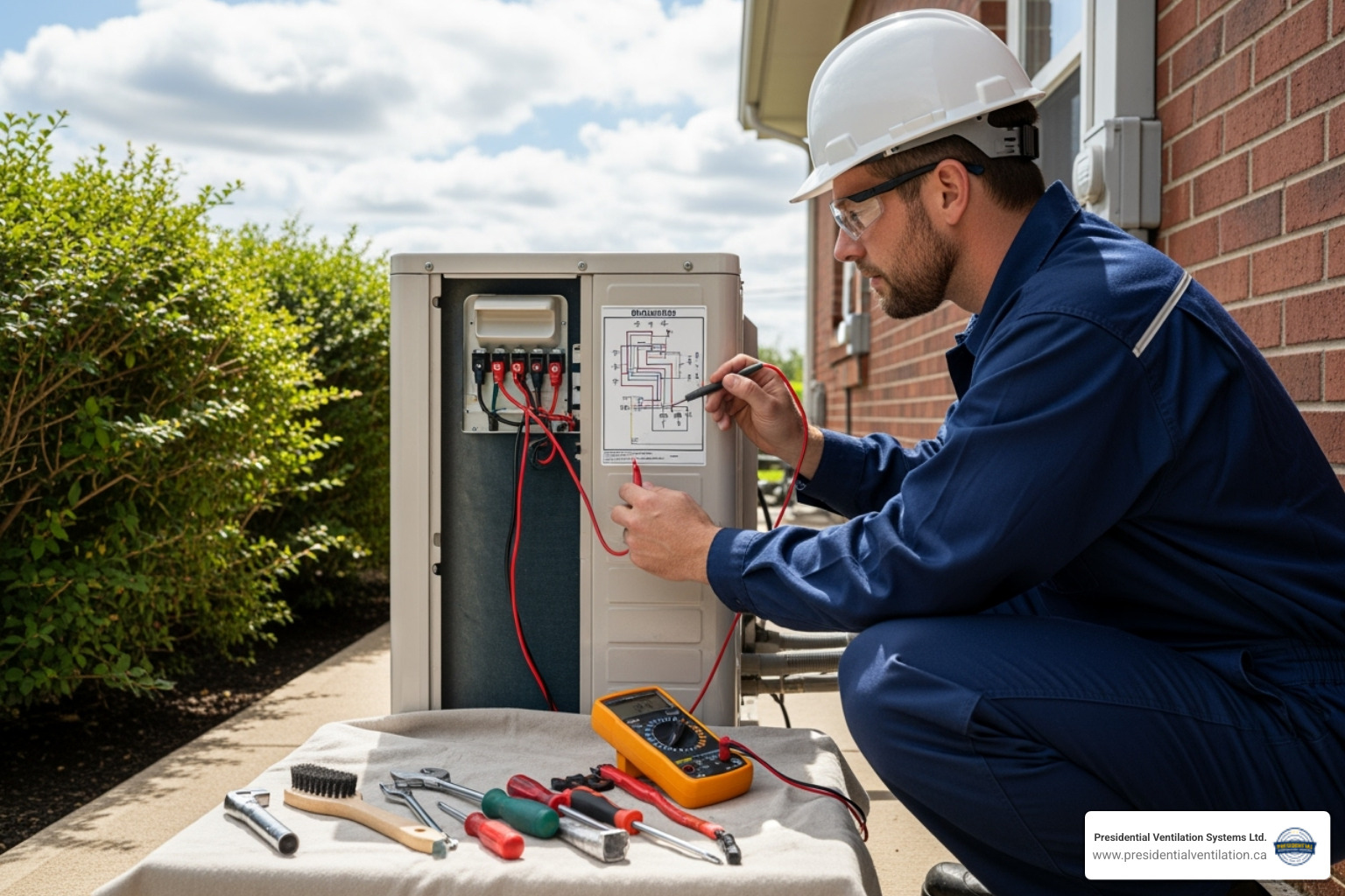 Image of a technician performing maintenance on an outdoor unit of a ductless heat pump, checking connections and cleaning components - ductless heat pump halifax