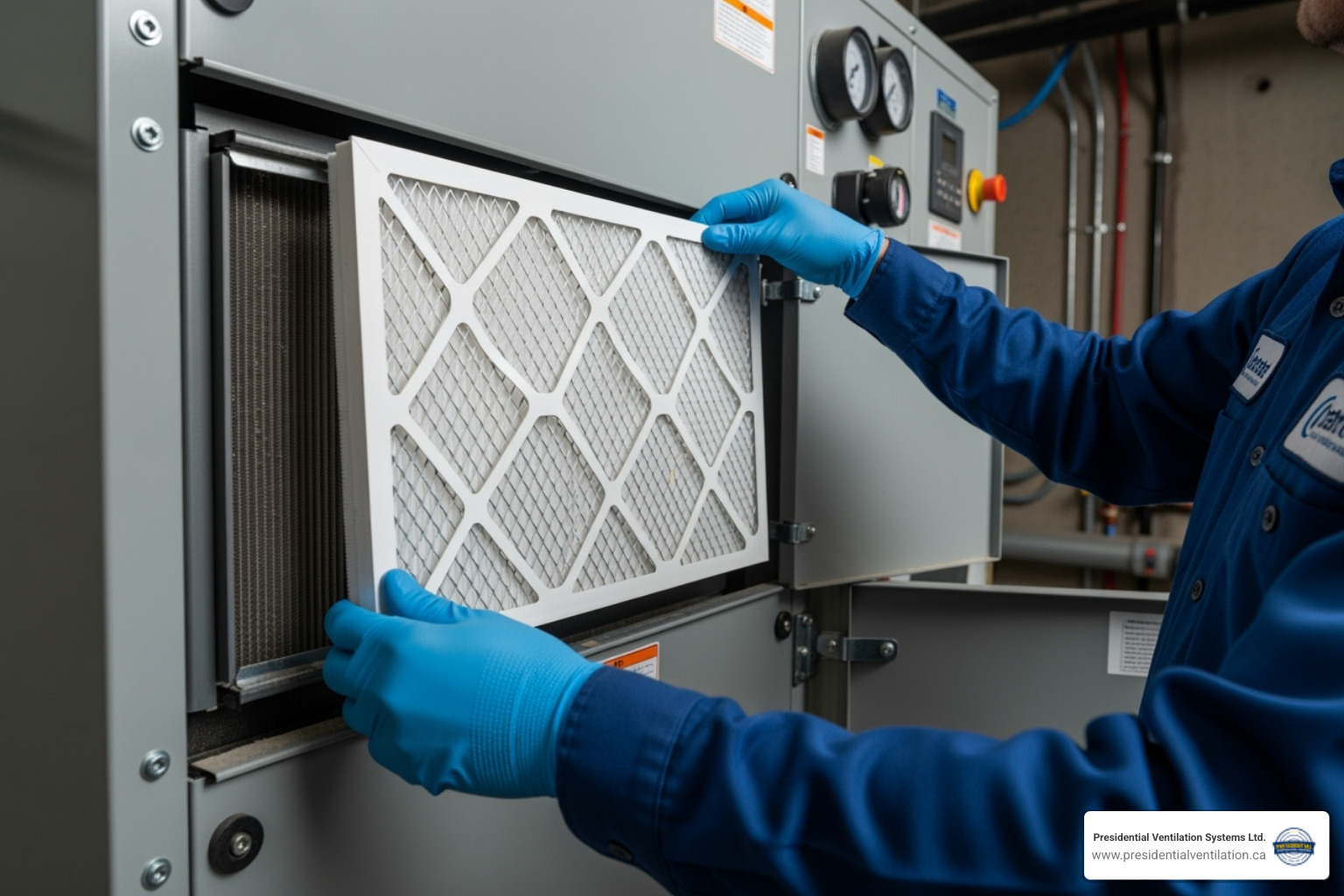 clean commercial air filter being installed - same day commercial heat pumps repair in bedford ns
