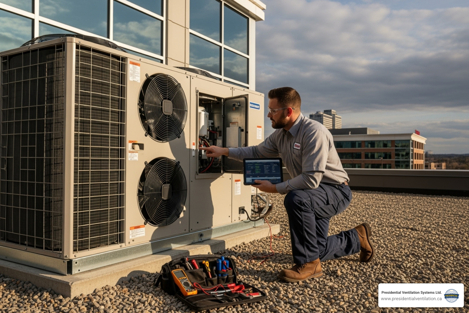 technician inspecting commercial heat pump outdoor unit - same day commercial heat pumps repair in bedford ns