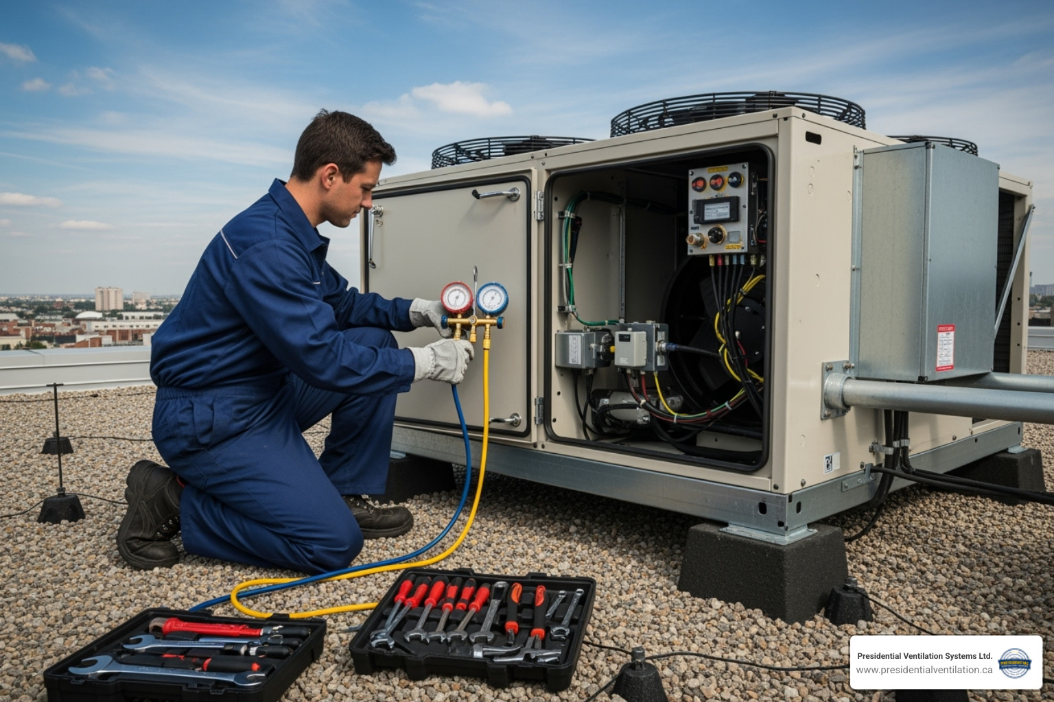 technician performing maintenance on a commercial rooftop unit - affordable commercial heat pumps service in cole harbour ns