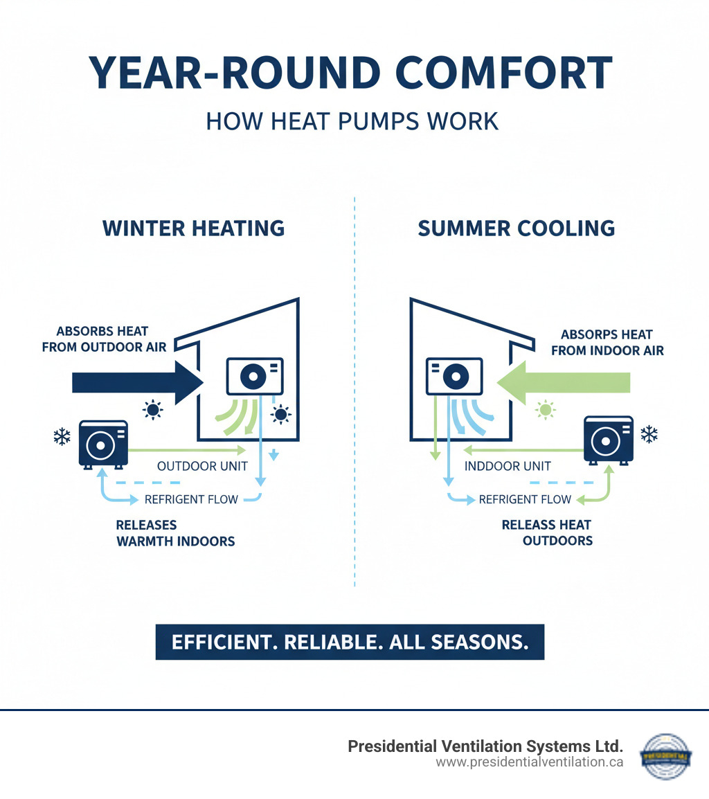 infographic showing how heat pumps transfer heat from outside air to inside during winter heating mode and reverse the process for summer cooling, with arrows indicating refrigerant flow between indoor and outdoor units - affordable commercial heat pumps service in cole harbour ns infographic 