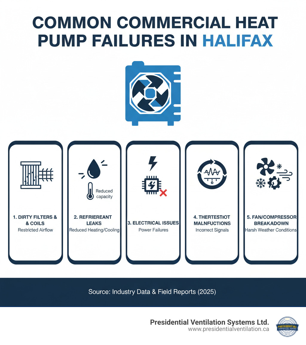 Infographic showing the five most common reasons commercial heat pumps fail in Halifax: 1) Dirty filters and coils restricting airflow, 2) Refrigerant leaks reducing heating/cooling capacity, 3) Electrical issues causing power failures, 4) Thermostat malfunctions sending incorrect signals, 5) Fan motor or compressor breakdown from harsh weather conditions - commercial heat pumps not working in halifax ns infographic 