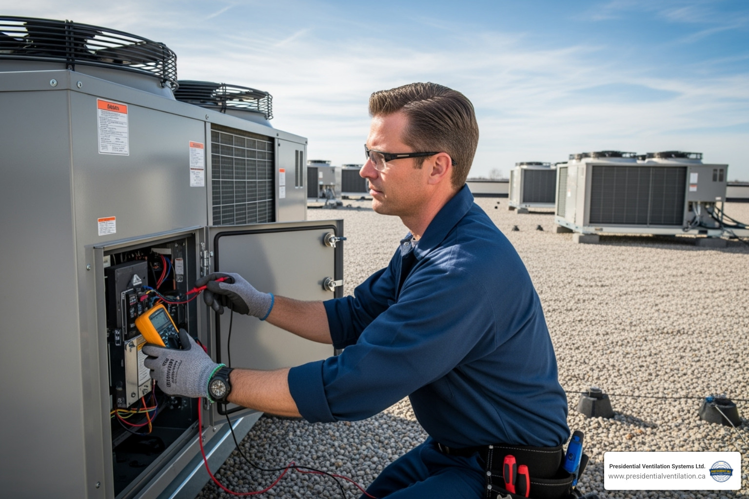 technician performing maintenance on a commercial rooftop unit - commercial heat pumps not working in halifax ns